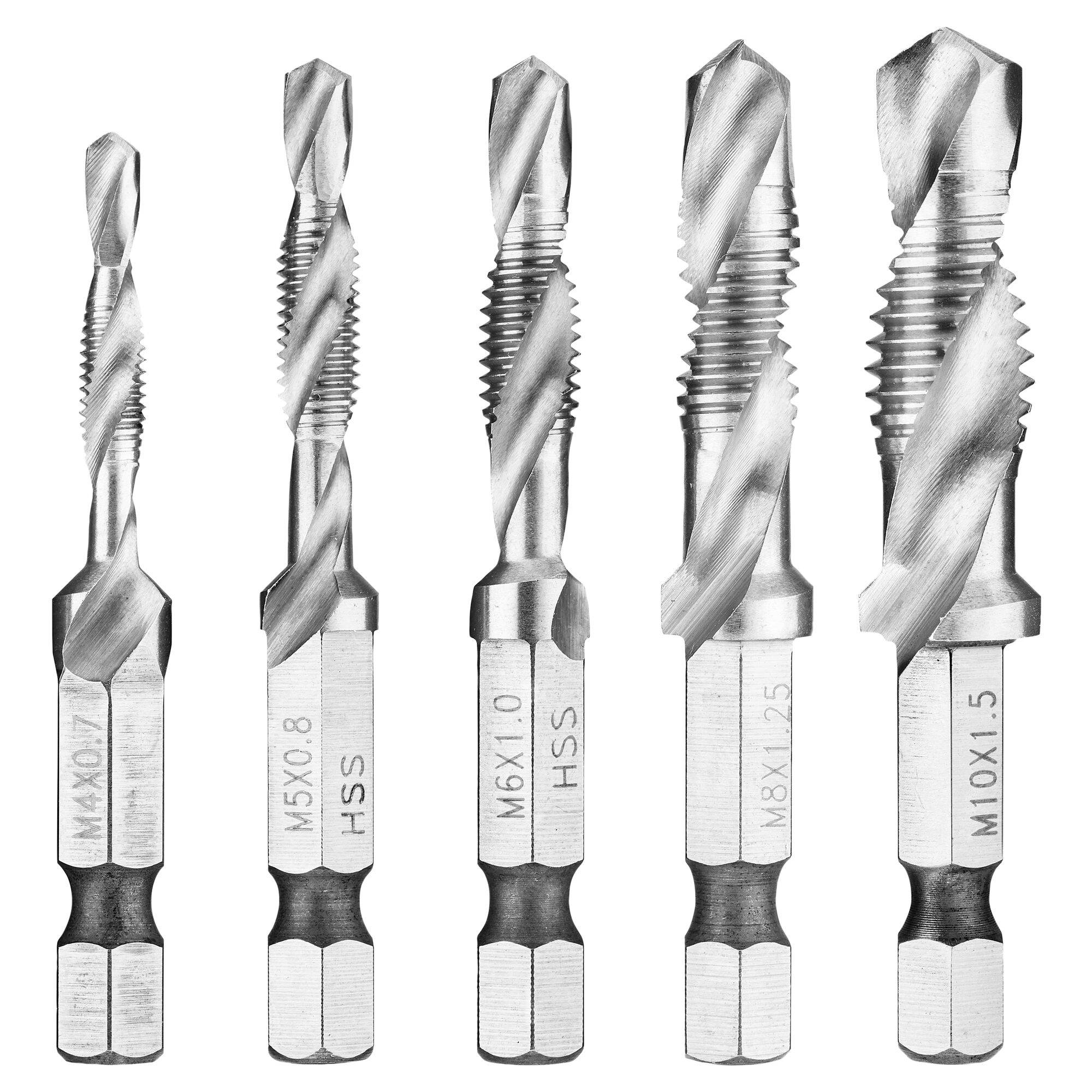 Set of five metal taps for threading: M4 x 0.7, M5 x 0.8, M6 x 1.0, M8 x 1.25, M10 x 1.5, made of high-speed steel (HSS).