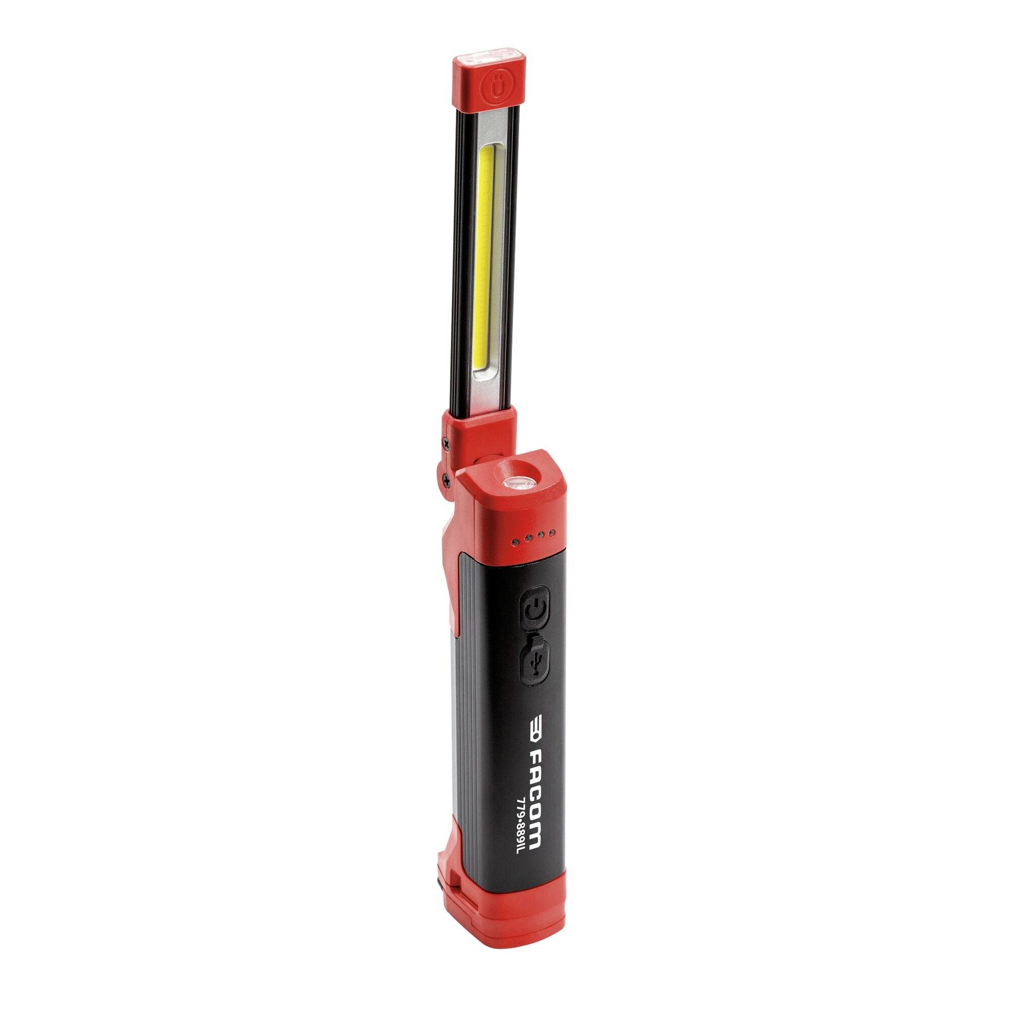 A red and black handheld LED work light with a slim neck and an on/off button.