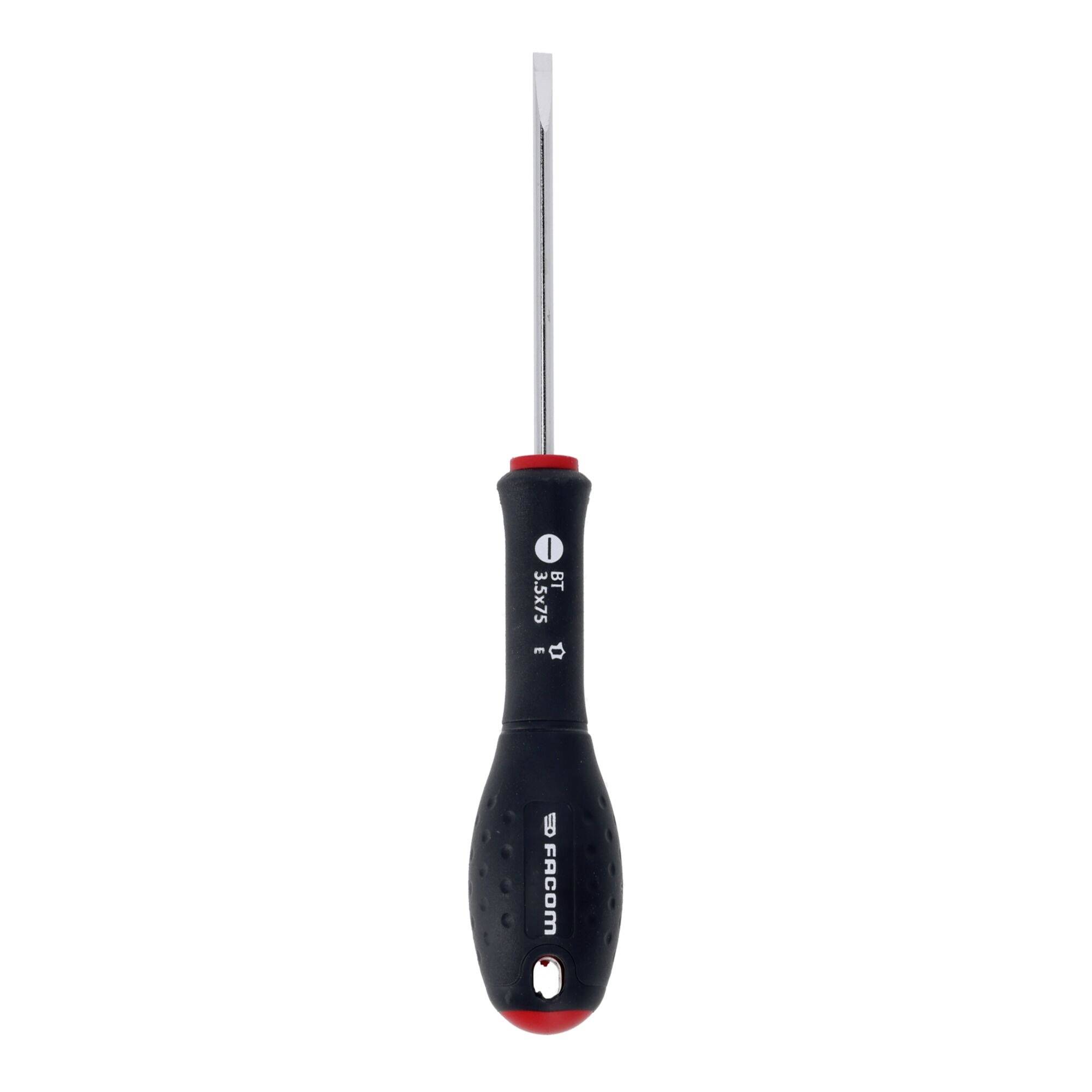 A black-handled flathead screwdriver with red accents and a metal shaft, shown against a plain white background.