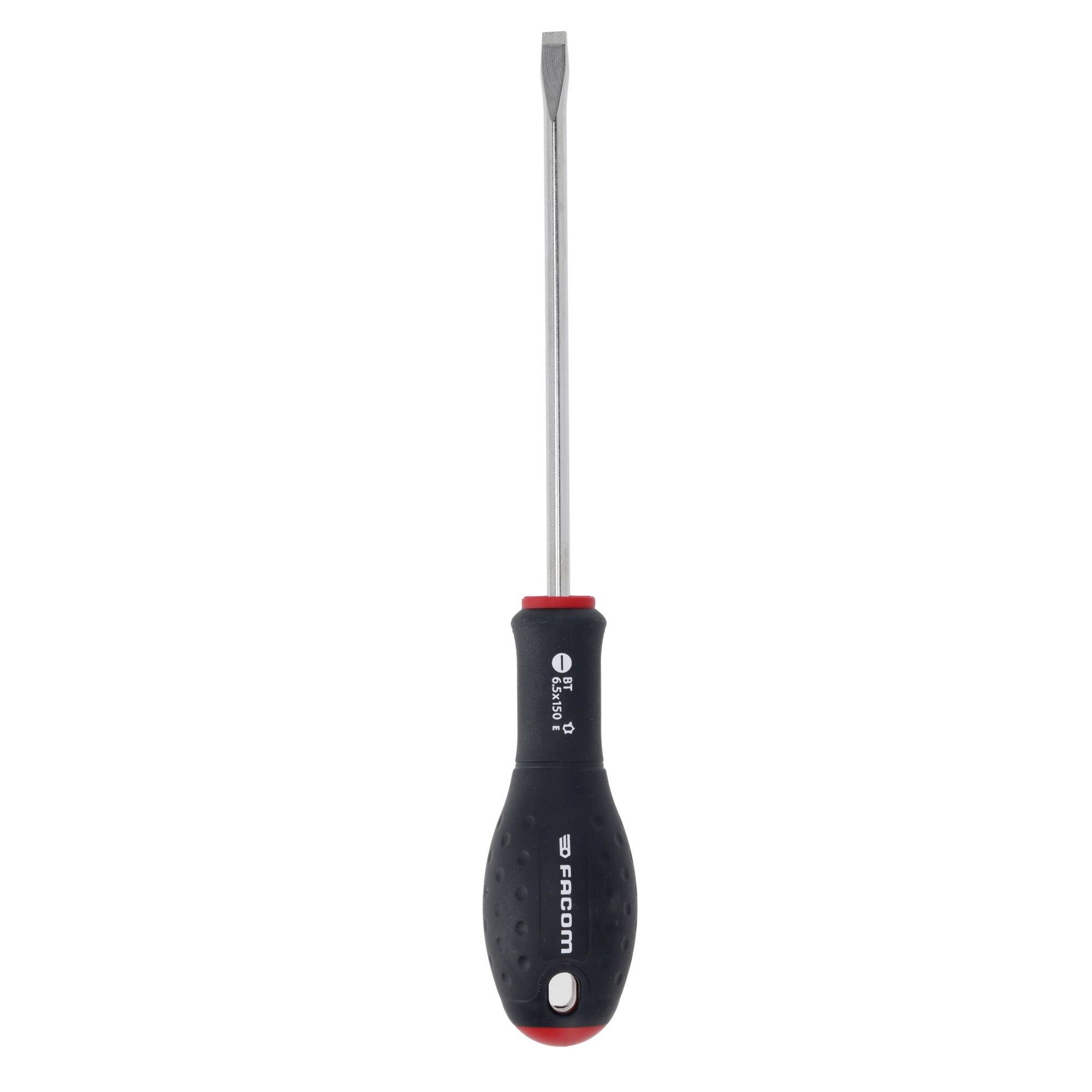 A black-handled, flathead screwdriver with a red accent.