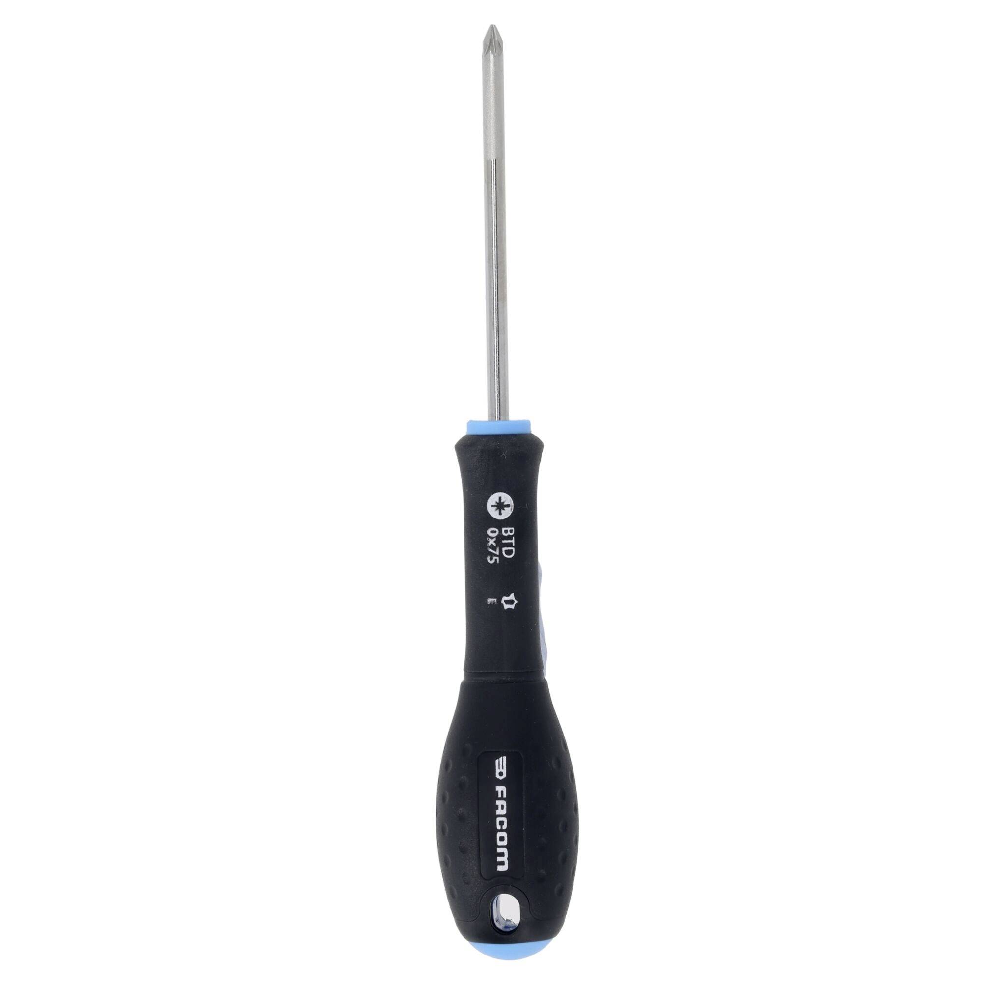 A Phillips screwdriver with a black and blue handle, labeled 'Facom' on the side, displayed vertically against a white background.