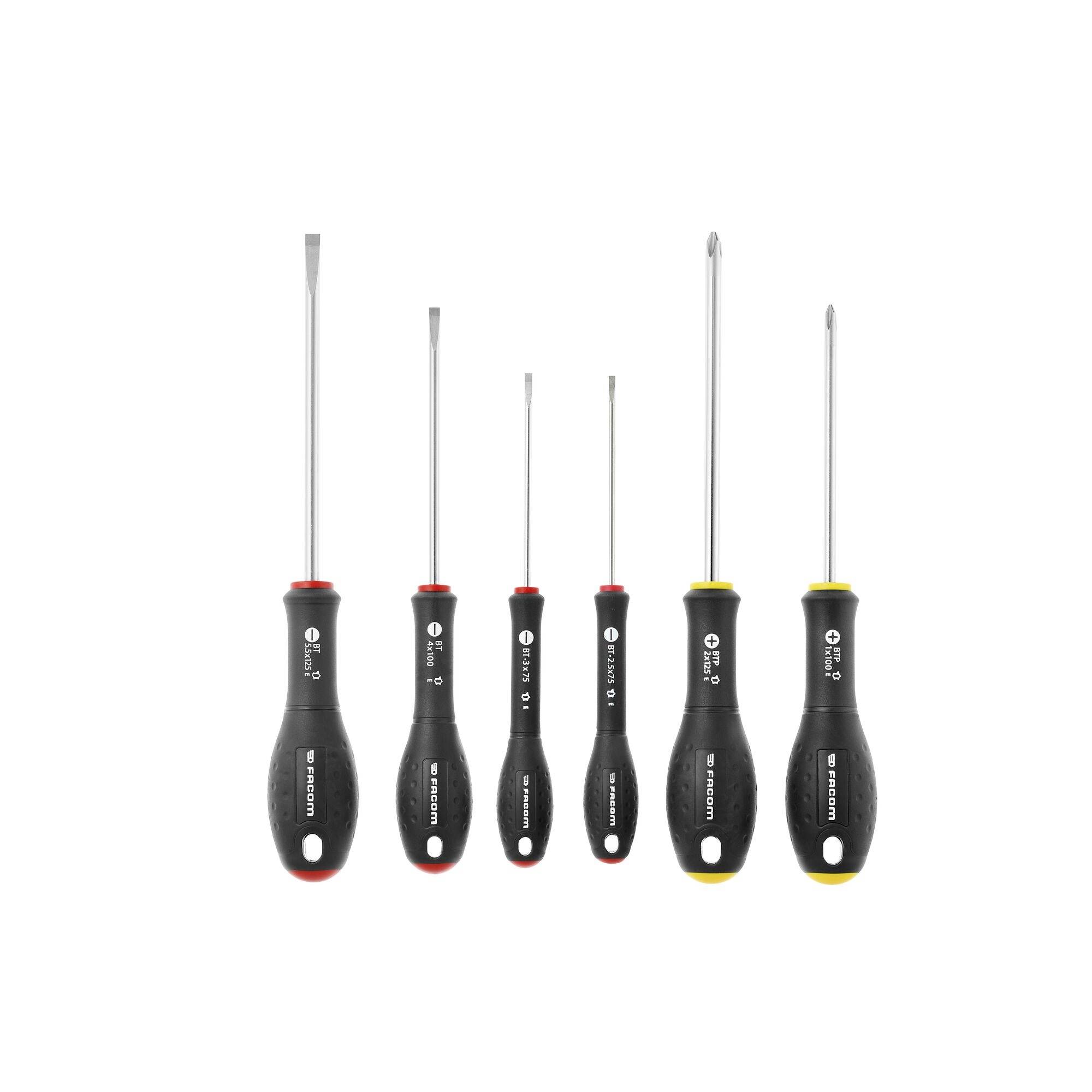 Screwdriver set: three flathead, three Phillips, black handles with red and yellow markings, arranged in size order.