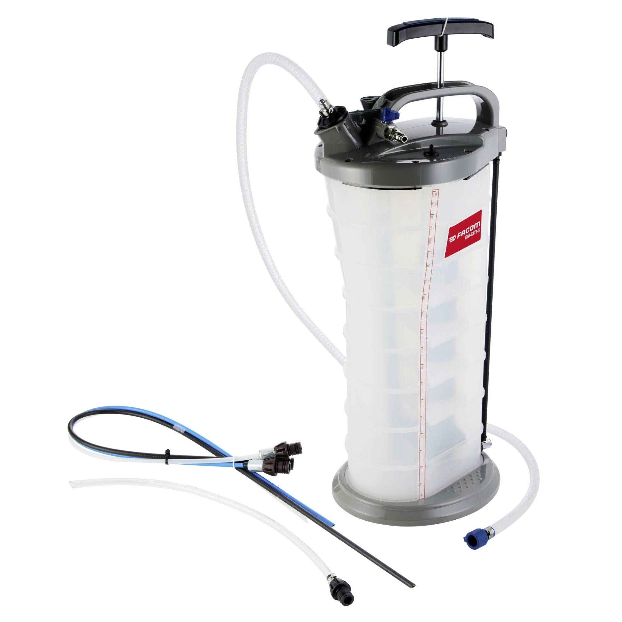 A manual oil extractor with a tall cylindrical container, hand pump, and multiple hoses, used for extracting fluids from vehicles.