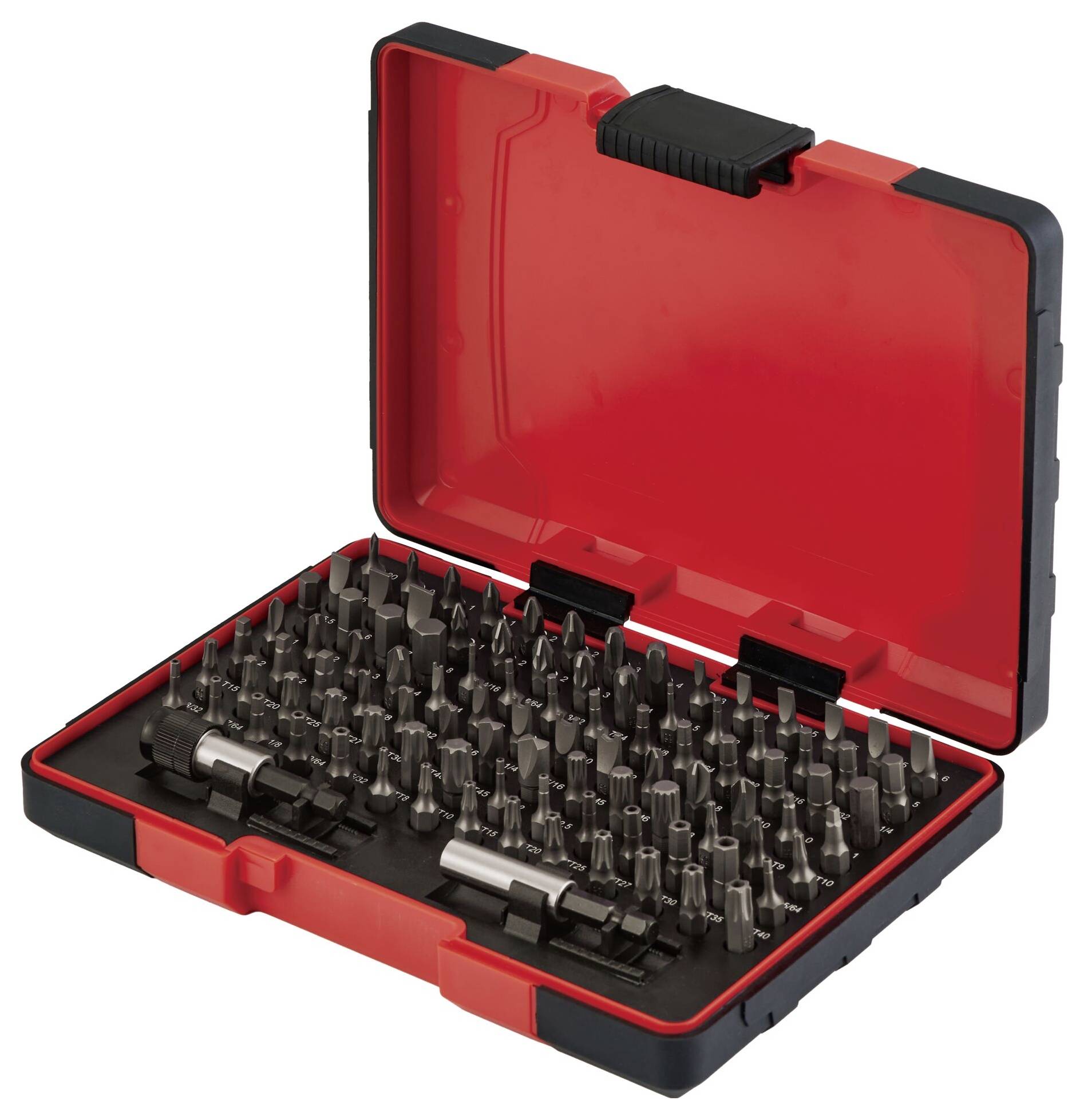 A red tool case open to display a neatly organized set of various screwdriver bits and an adapter.