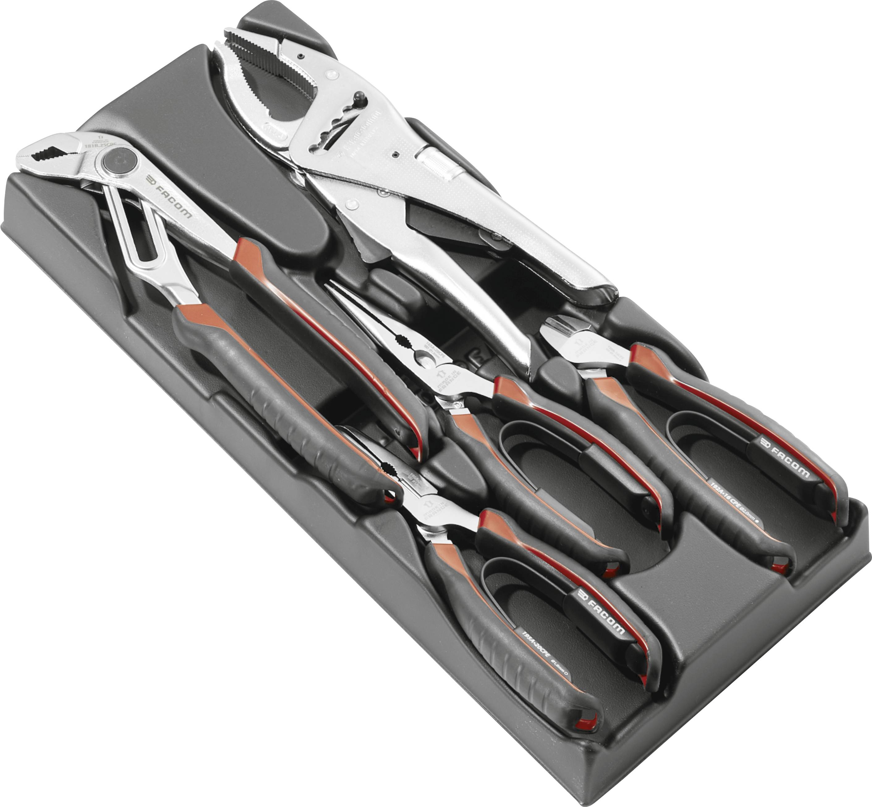 Set of five pliers and cutters in a molded tool tray, including adjustable and locking pliers, arranged for storage.