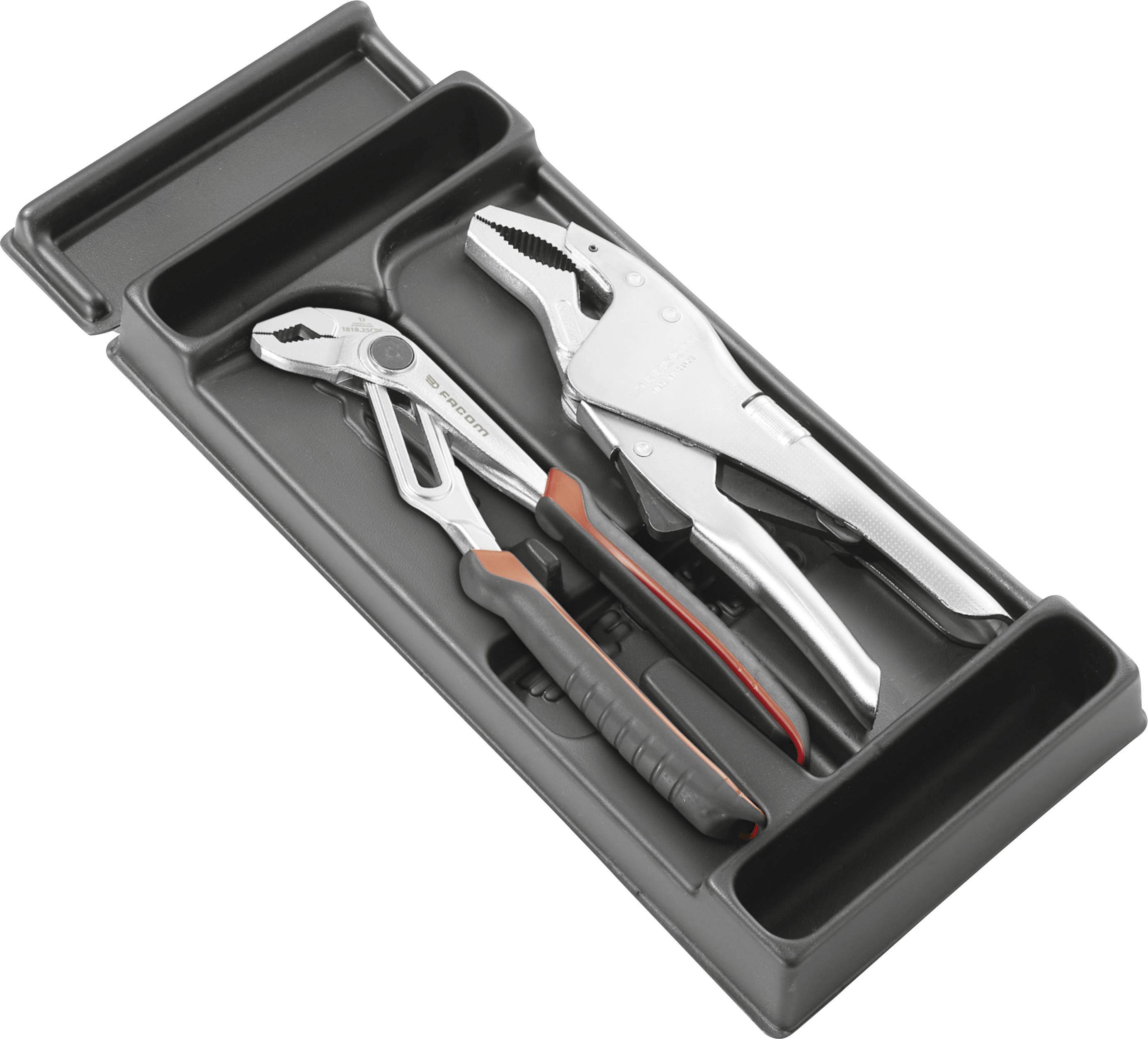 Two locking pliers in a black molded storage tray, one silver and one black with orange accents.