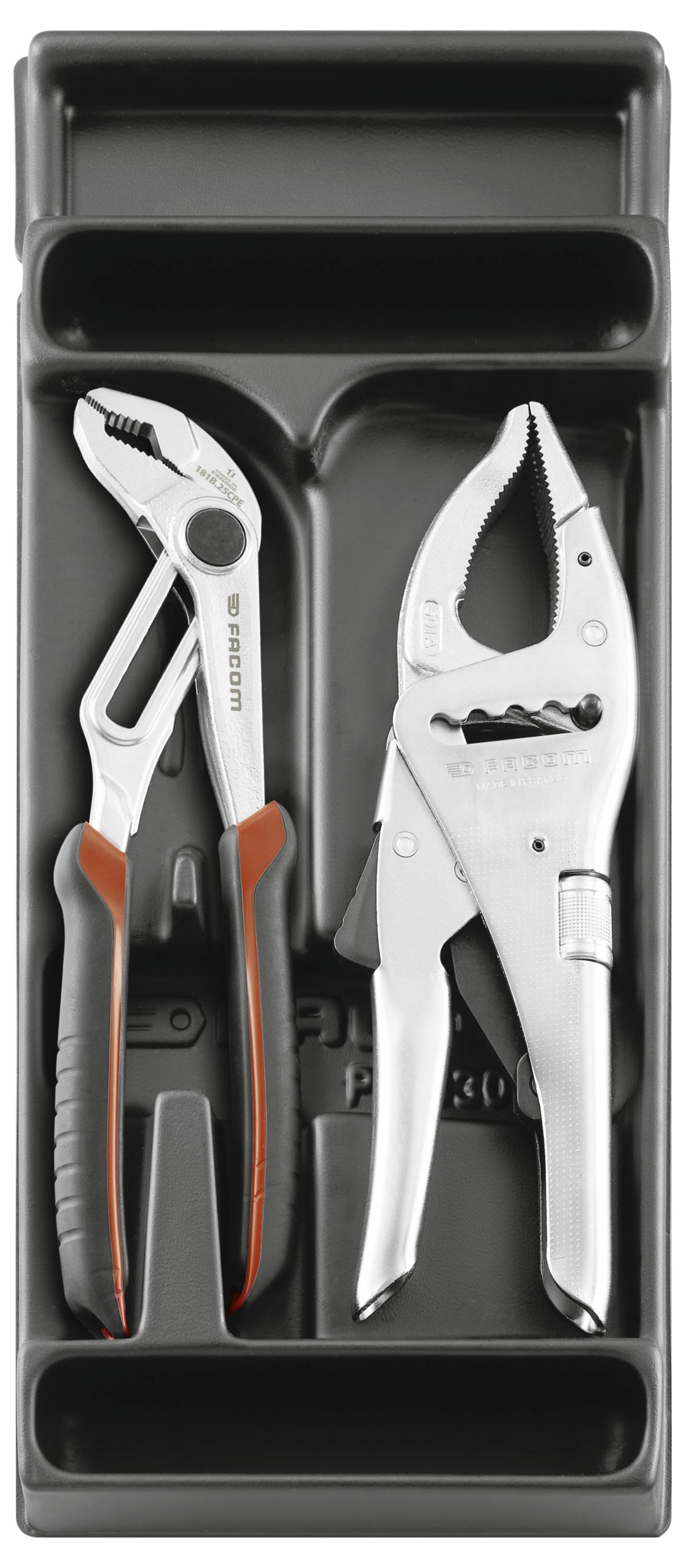 Black tool tray holding two locking pliers, one silver with orange-and-black handles and one all-silver, arranged in molded compartments.