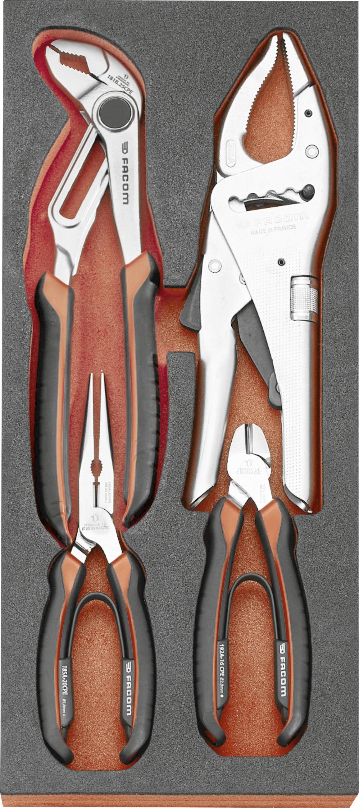 Two locking pliers displayed vertically on a gray background, one adjustable wrench-style plier and one slip-joint plier.