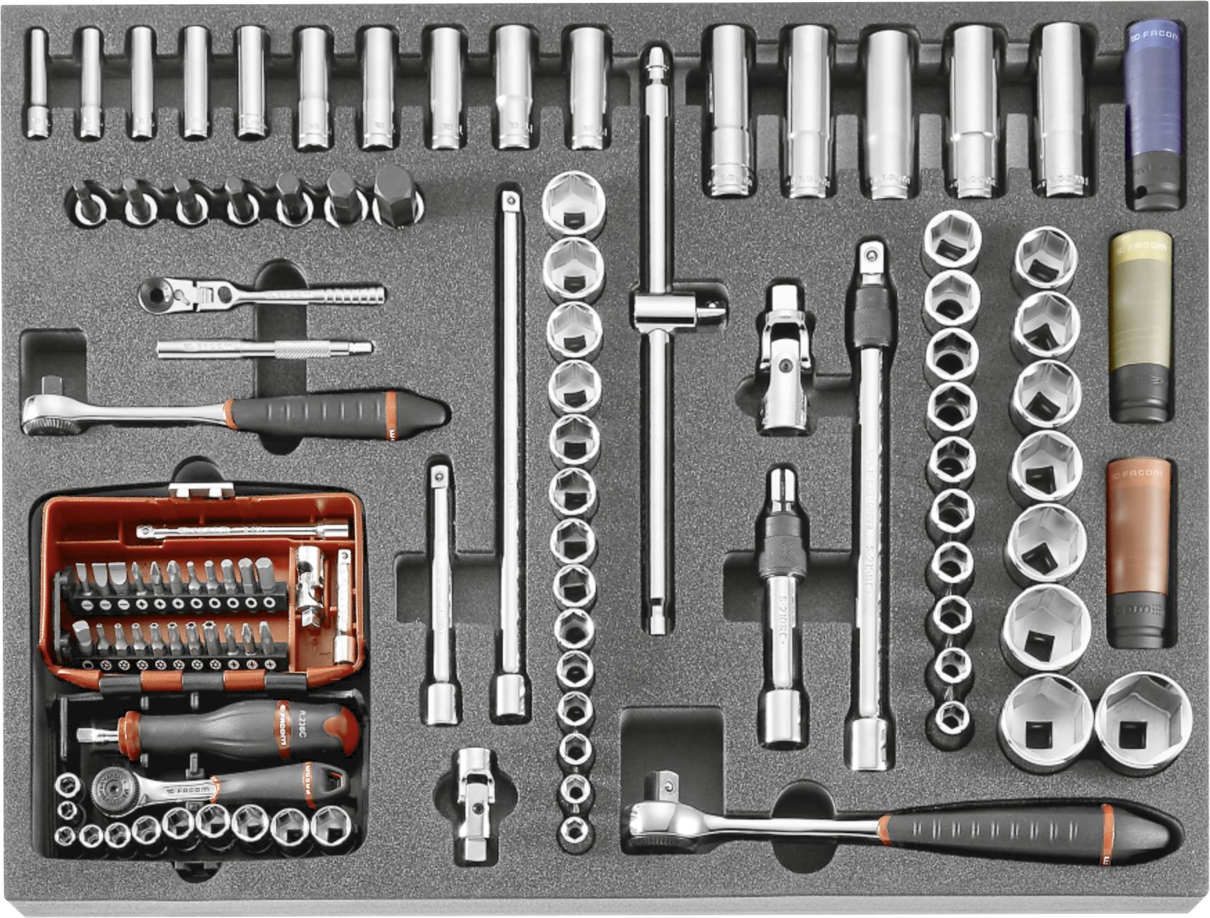 Socket wrench and ratchet tool set neatly arranged in a molded foam case, with multiple sockets, extensions, and screwdrivers in sizes.