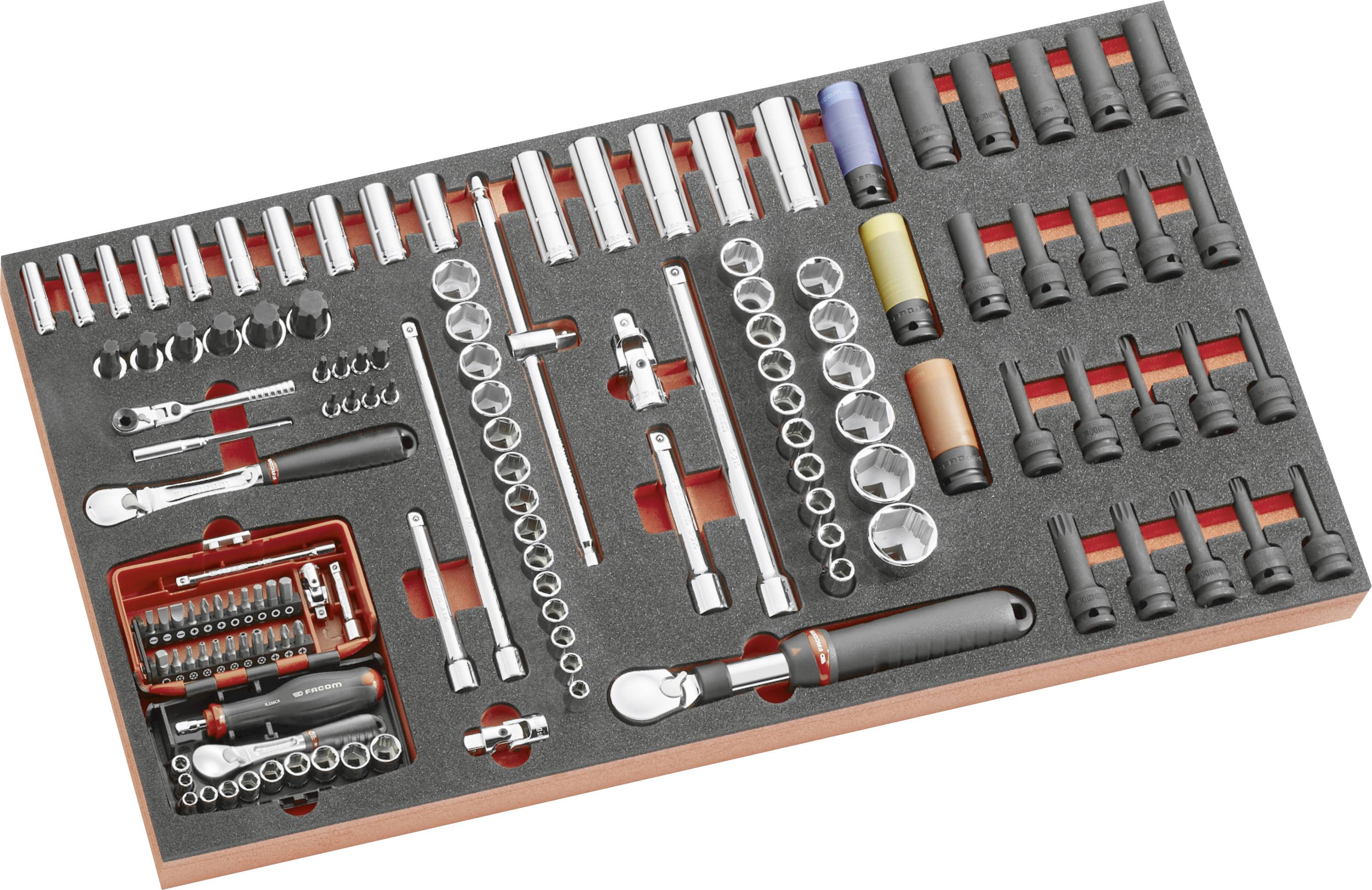 Assorted socket wrench tool set in a foam organizer, with ratchets, extension bars, sockets, and screwdriver bits neatly arranged in a case.