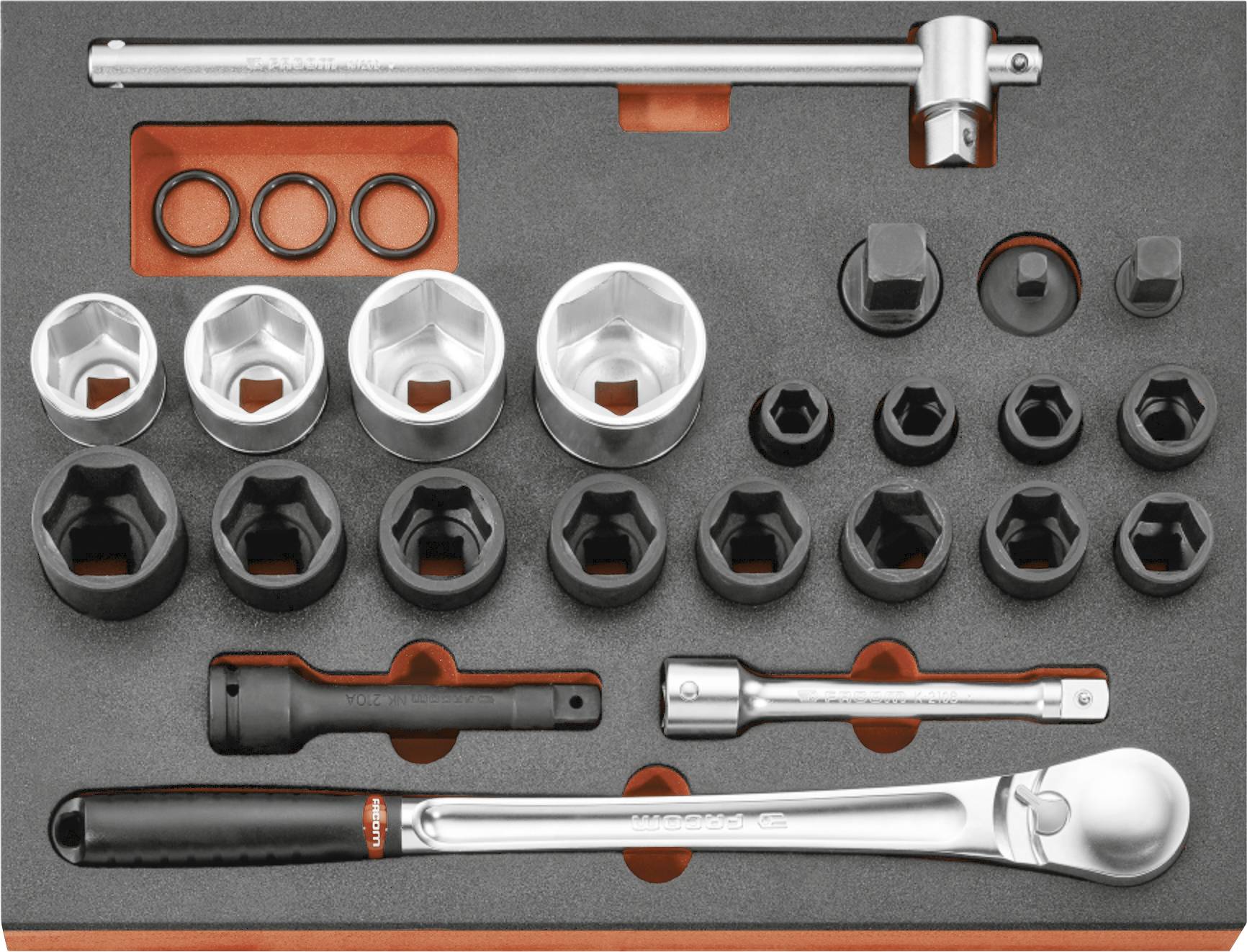 Socket wrench set displayed in a molded case, including ratchets, extension bars, and multiple socket sizes with orange accents.