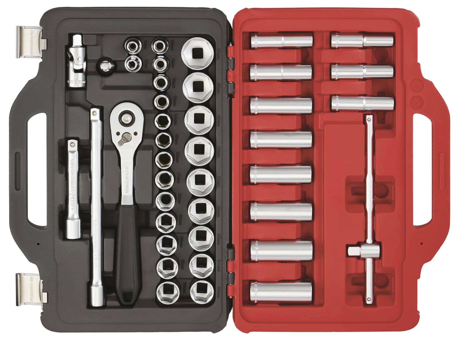 A red and black toolset case open displaying a ratchet wrench, sockets, and handles.
