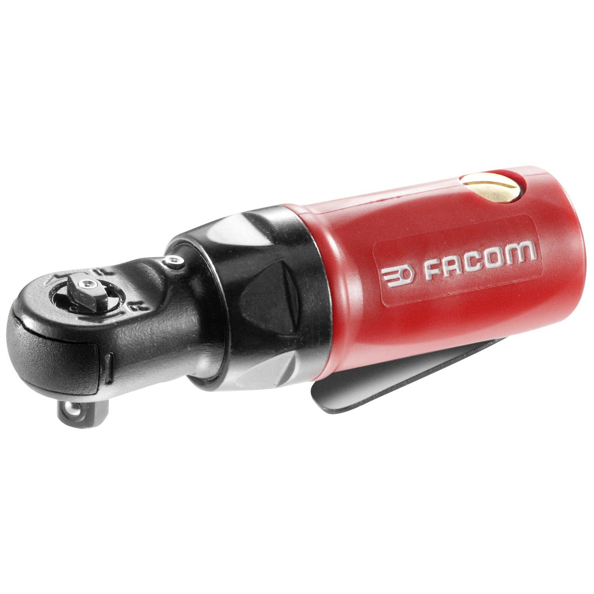 A red and black pneumatic ratchet wrench labeled with 'FACOM', featuring a sturdy grip and adjustable head, designed for tightening bolts.