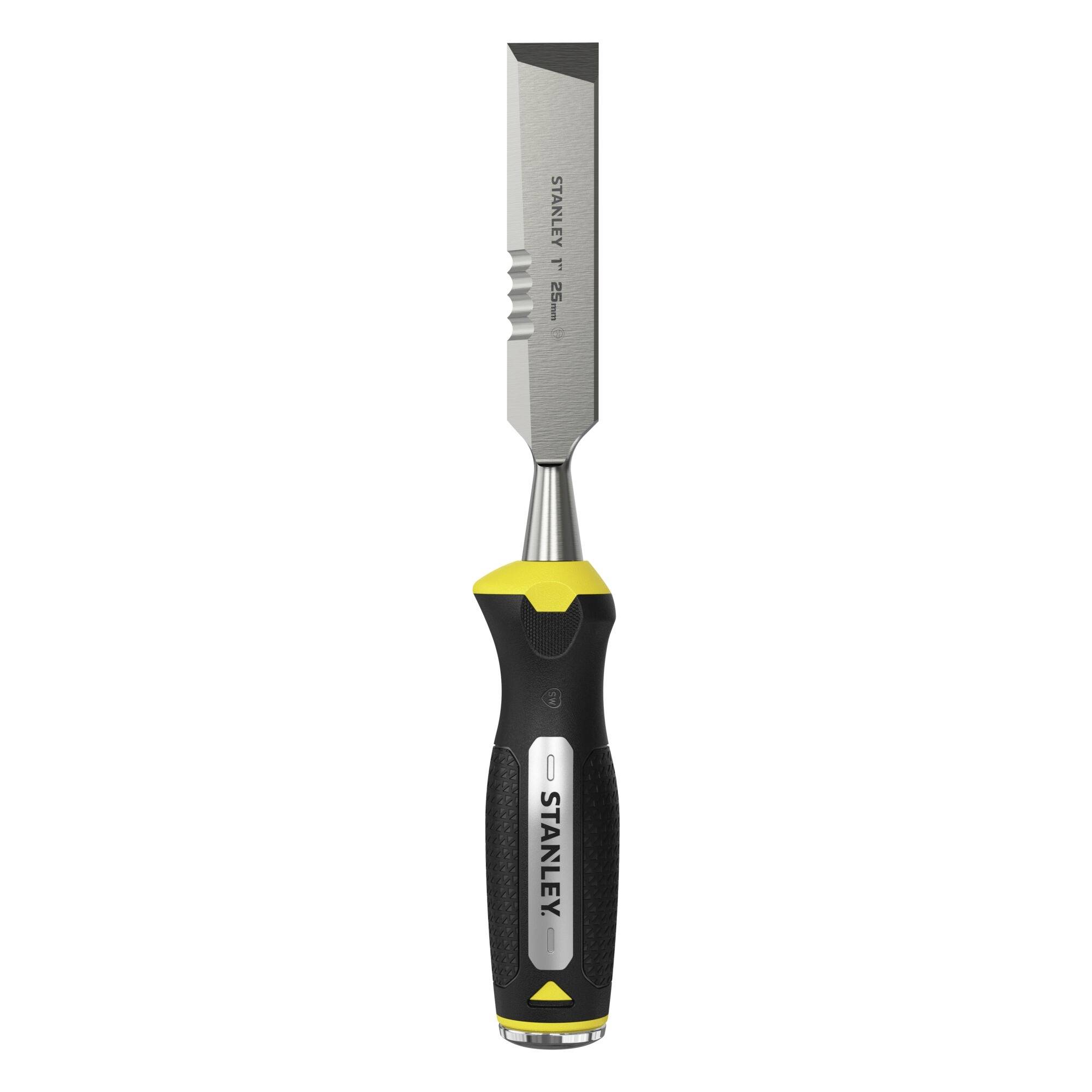 A Stanley 1-inch chisel with a sharp metal blade, black and yellow handle designed for woodwork and carpentry tasks.