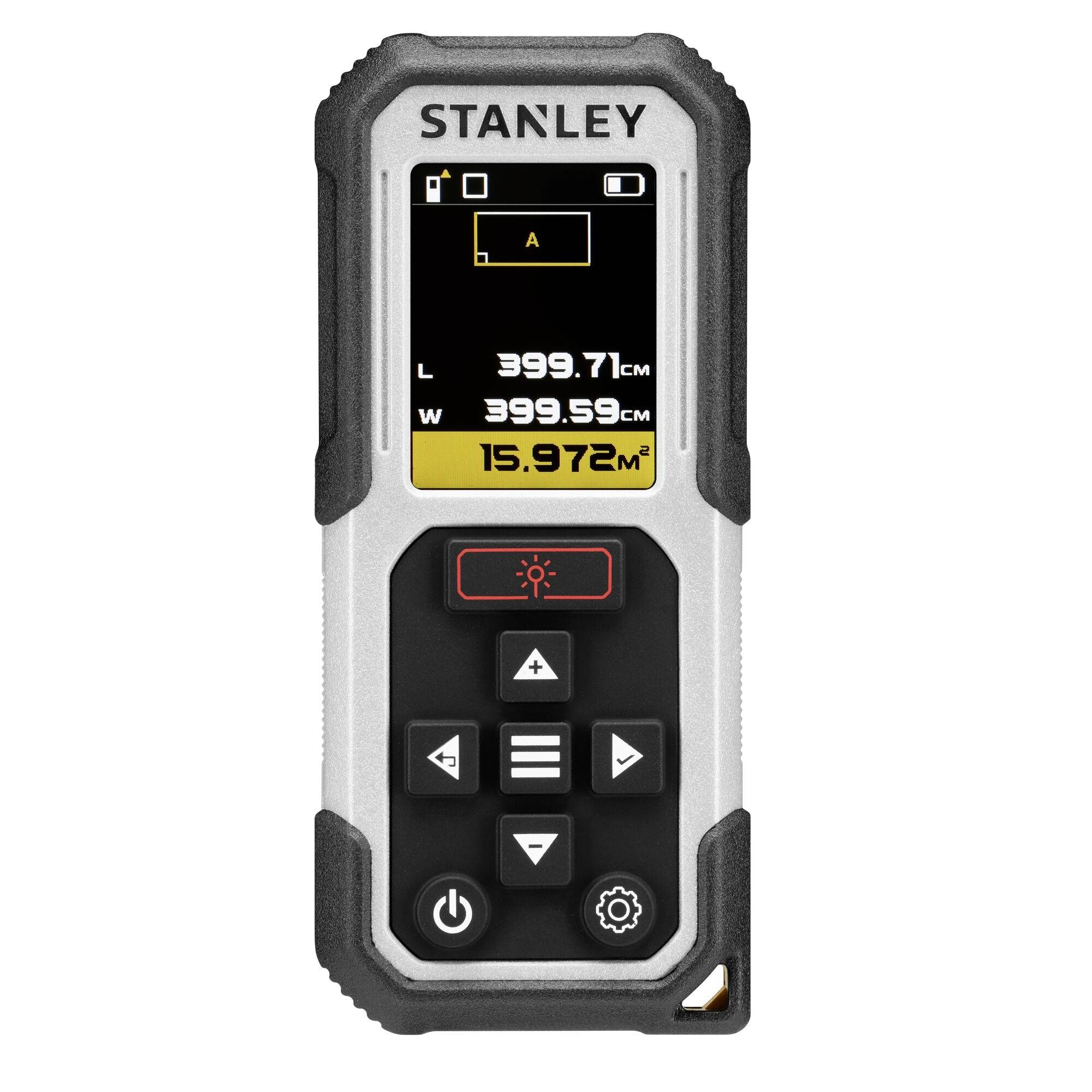 Stanley laser distance measurer with digital display showing length 399.71 cm, width 399.59 cm, area 15.972 m², and control buttons.