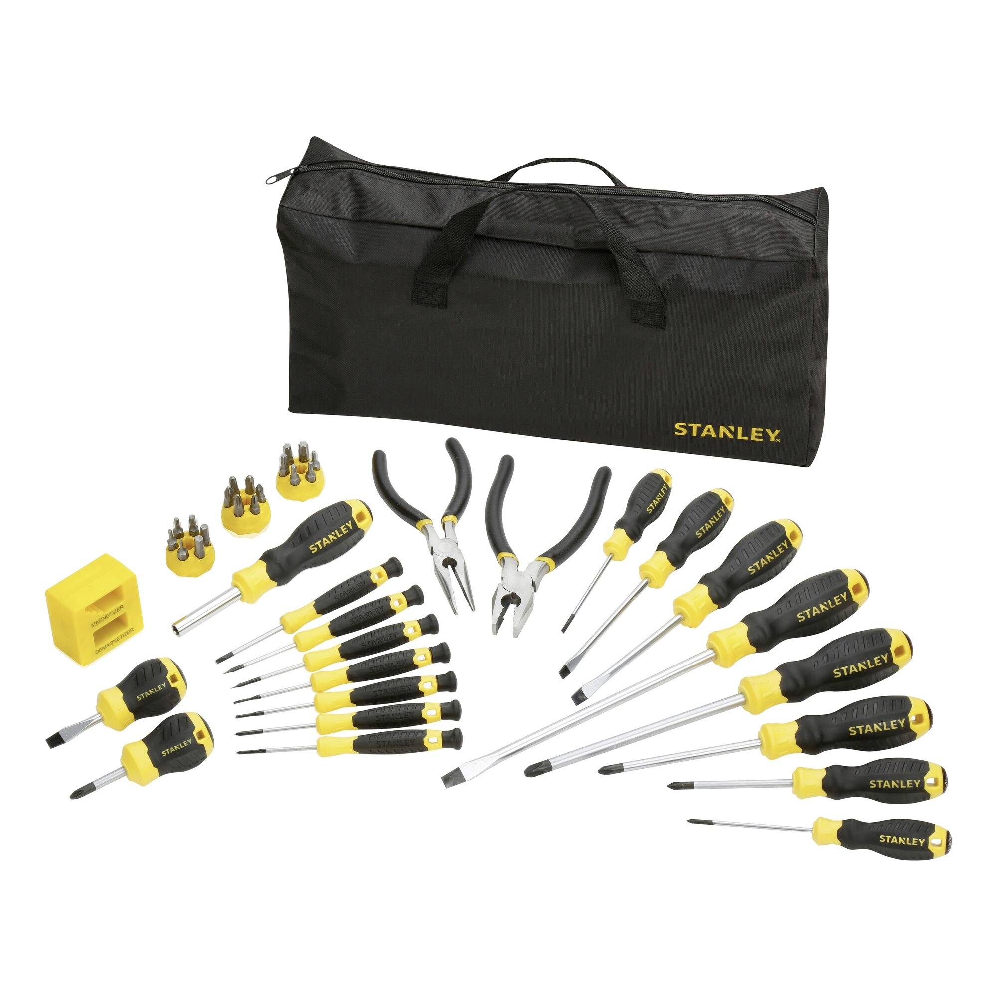 Toolkit with yellow and black-handled tools including screwdrivers, pliers, and bits, arranged with a black Stanley carrying case.