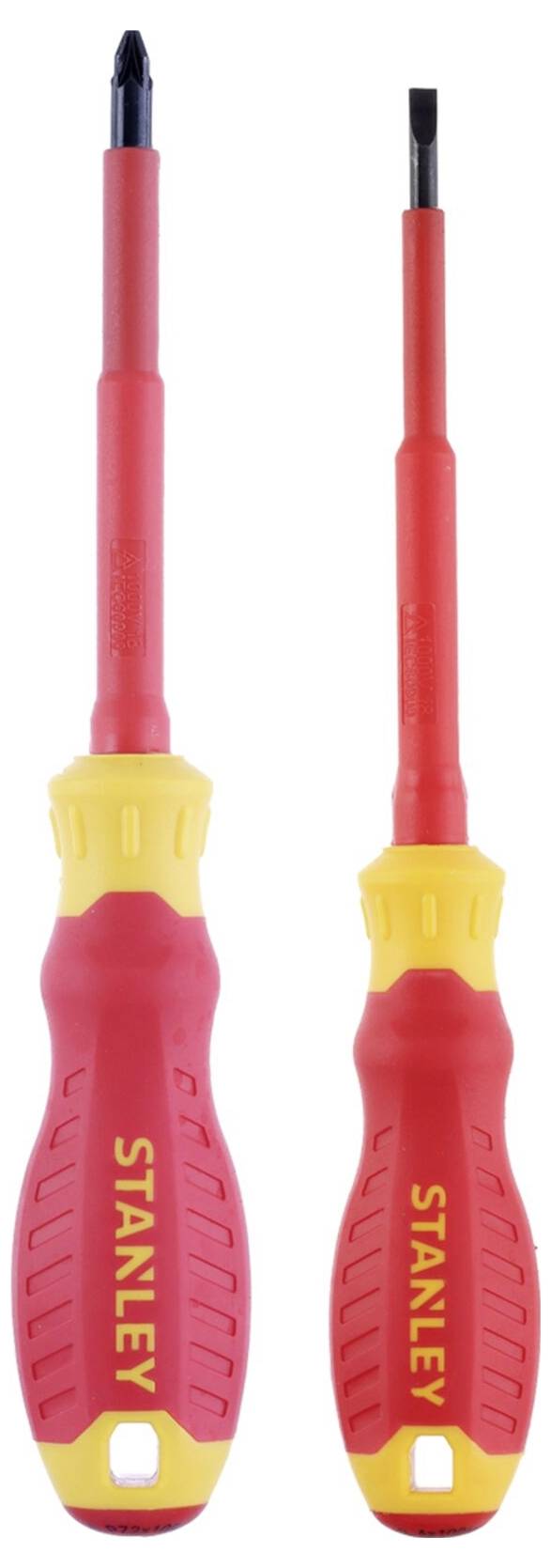 Two red and yellow Stanley screwdrivers, one with a Phillips tip and the other with a flat tip, are shown upright on a white background.