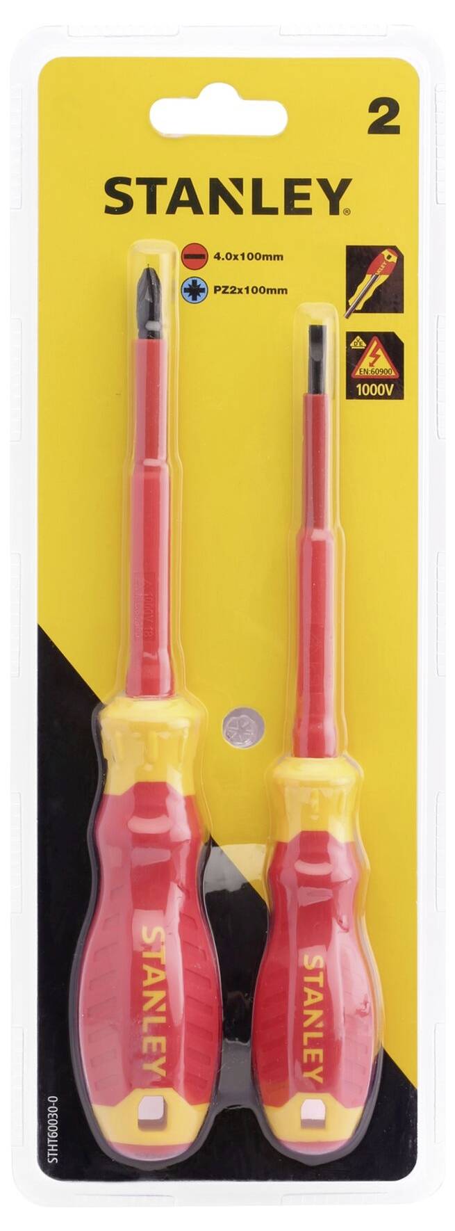 Stanley 2-piece screwdriver set, 4.0x100mm and PZ2x100mm, insulated for 1000V. Includes flathead and Phillips screwdrivers.