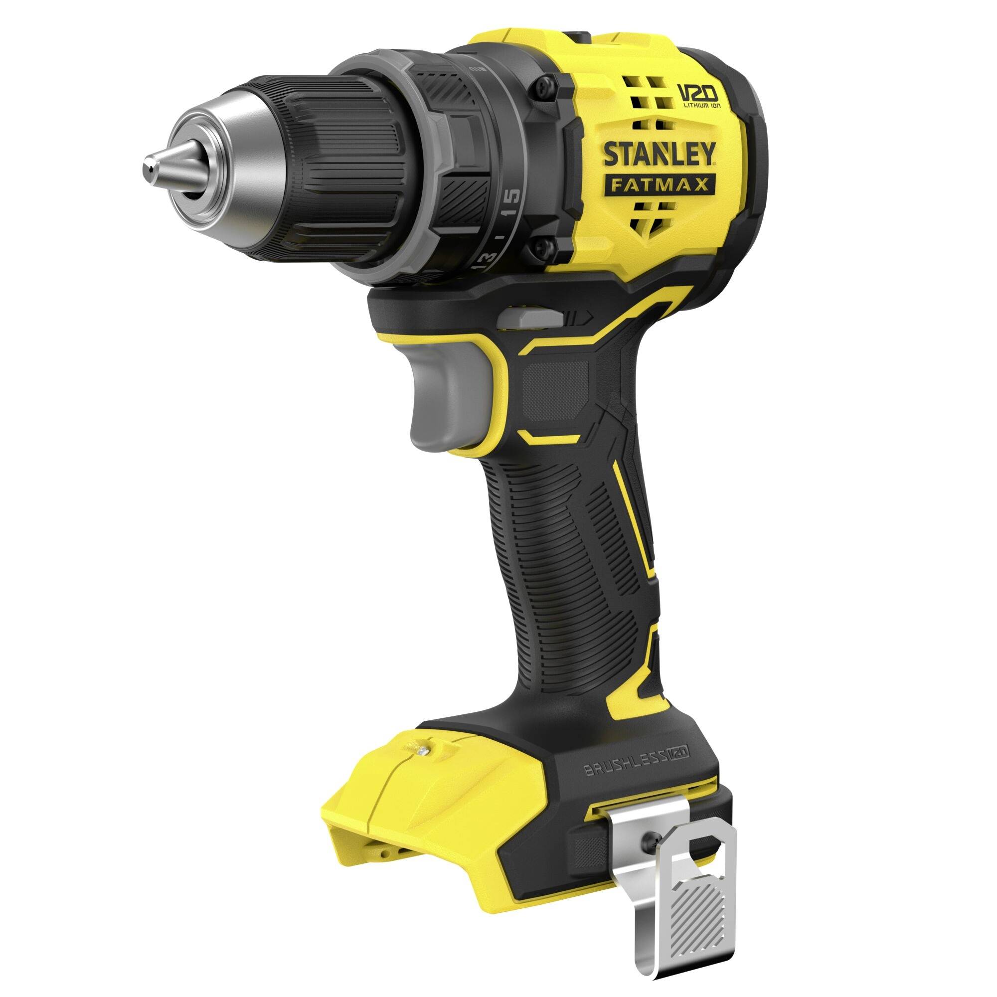 A yellow and black cordless drill labeled 'Stanley Fatmax V20', featuring a metal clip and rubberized grip for secure handling.