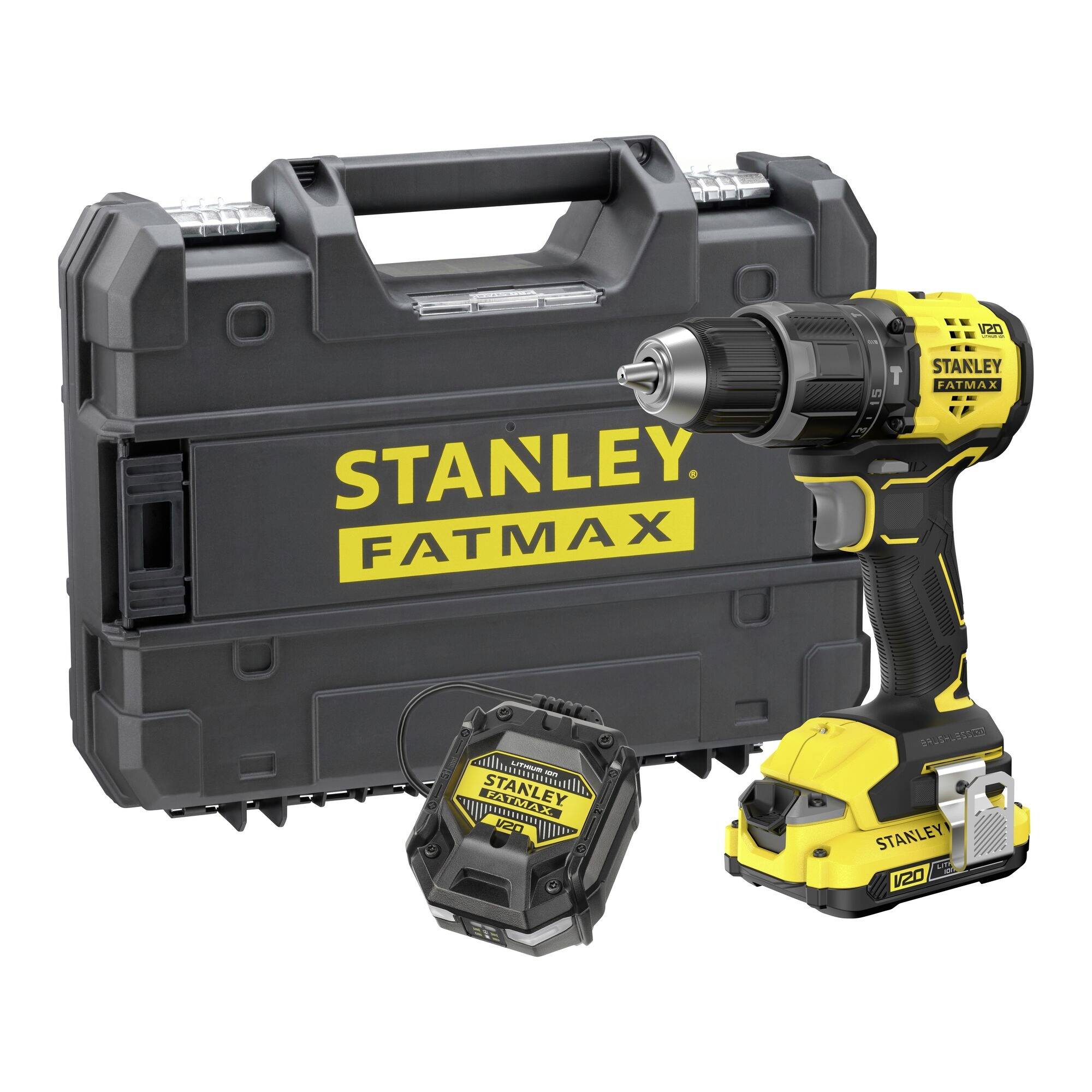 A yellow and black cordless drill with a battery and black carrying case, labeled 'Stanley Fatmax.'