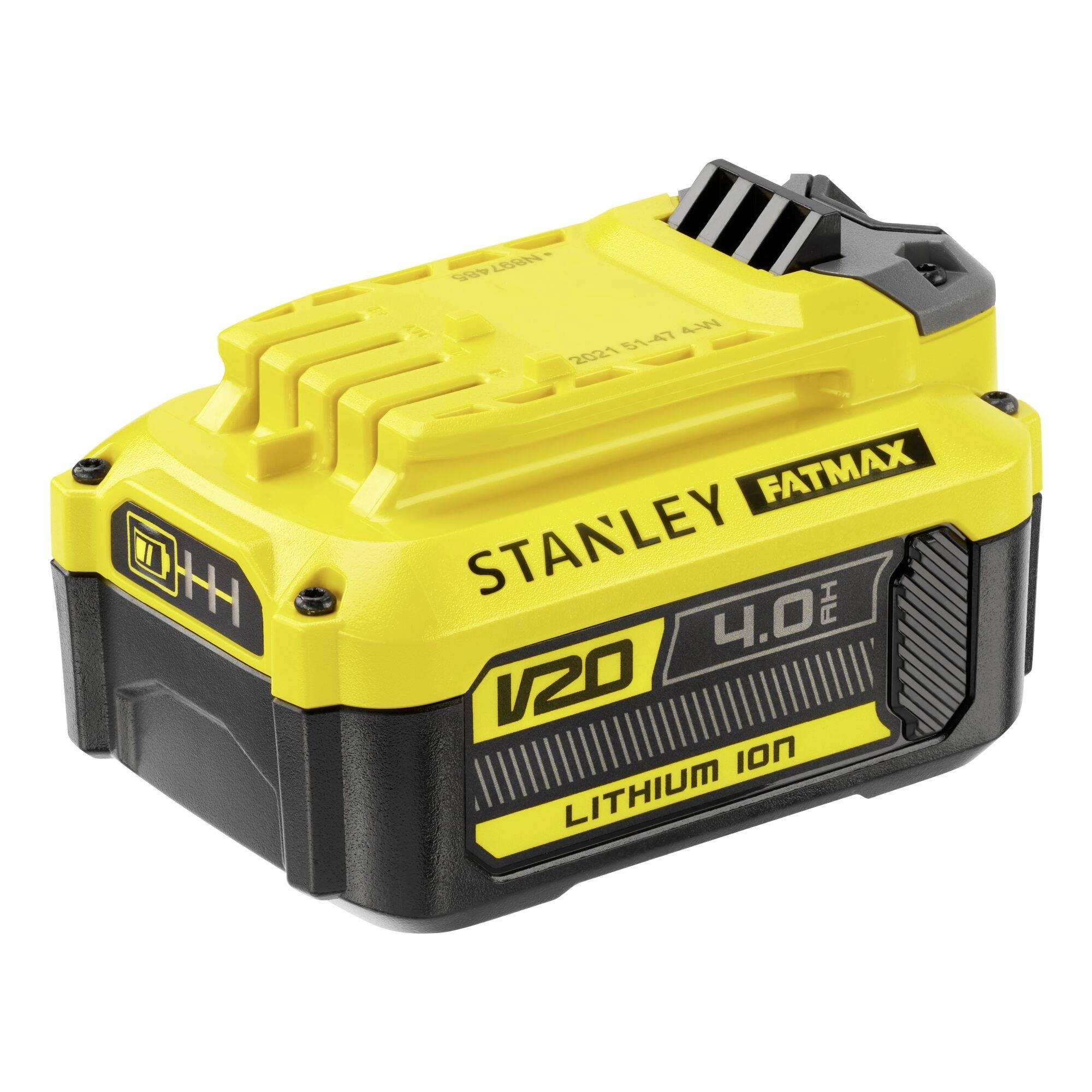 A yellow and black Stanley Fatmax V20 lithium-ion battery, with 4.0Ah capacity, designed for power tools.