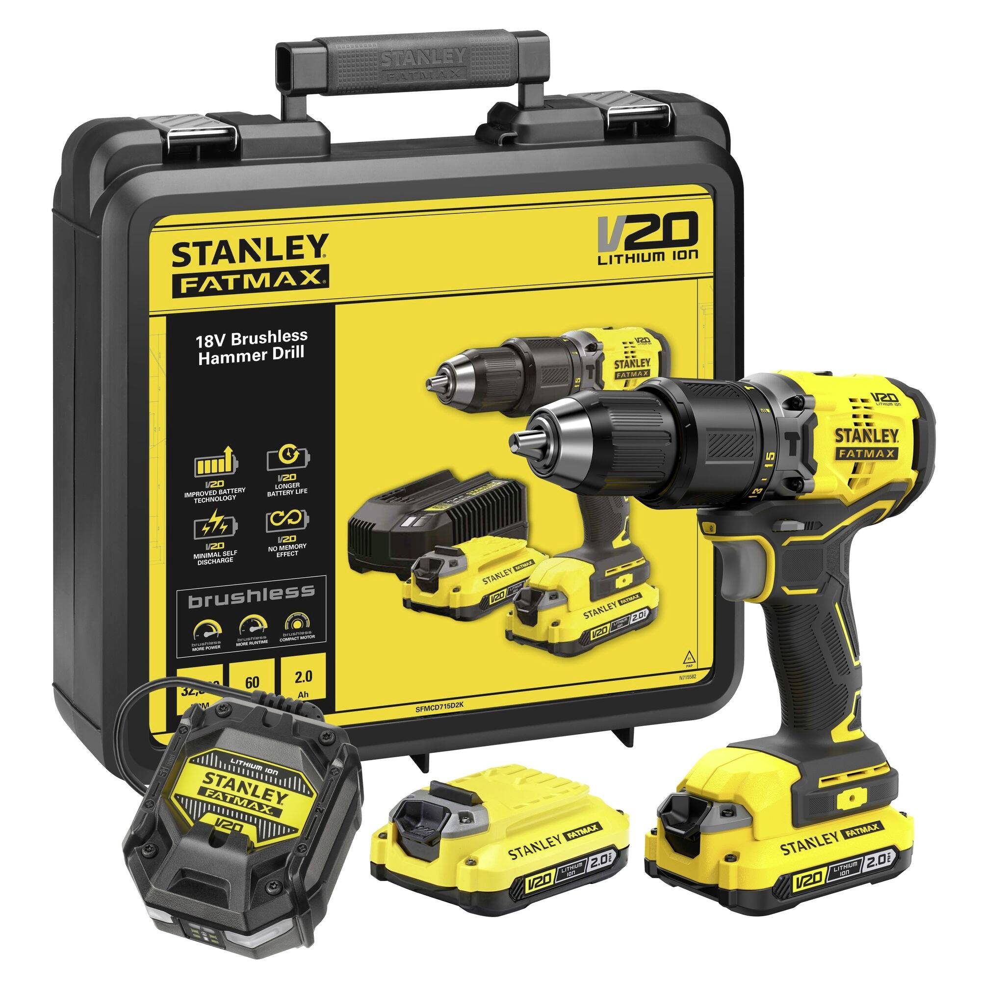 'Stanley Fatmax V20 Lithium Ion 18V Brushless Hammer Drill' set includes drill, two batteries, charger, and carry case.