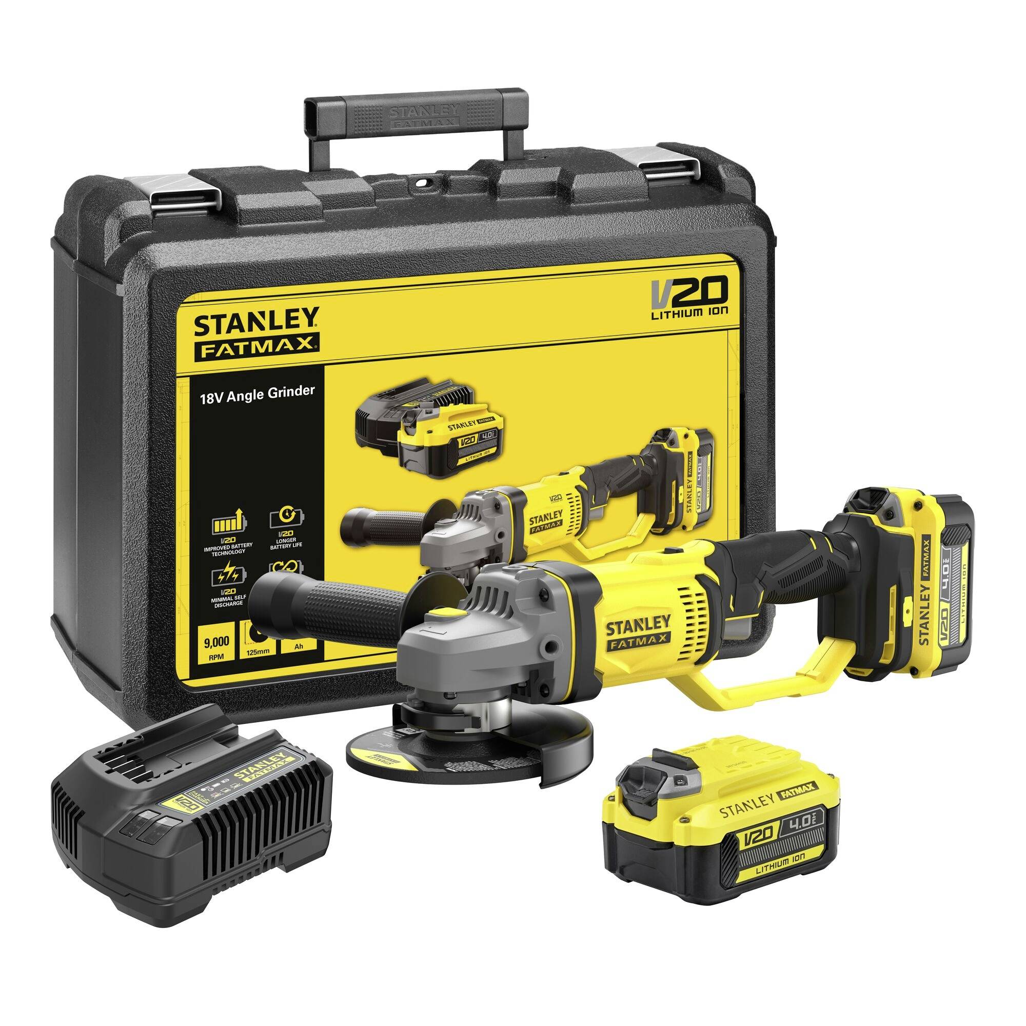 'Stanley Fatmax V20 Lithium Ion 18V Angle Grinder' with battery, charger, and carrying case displayed.