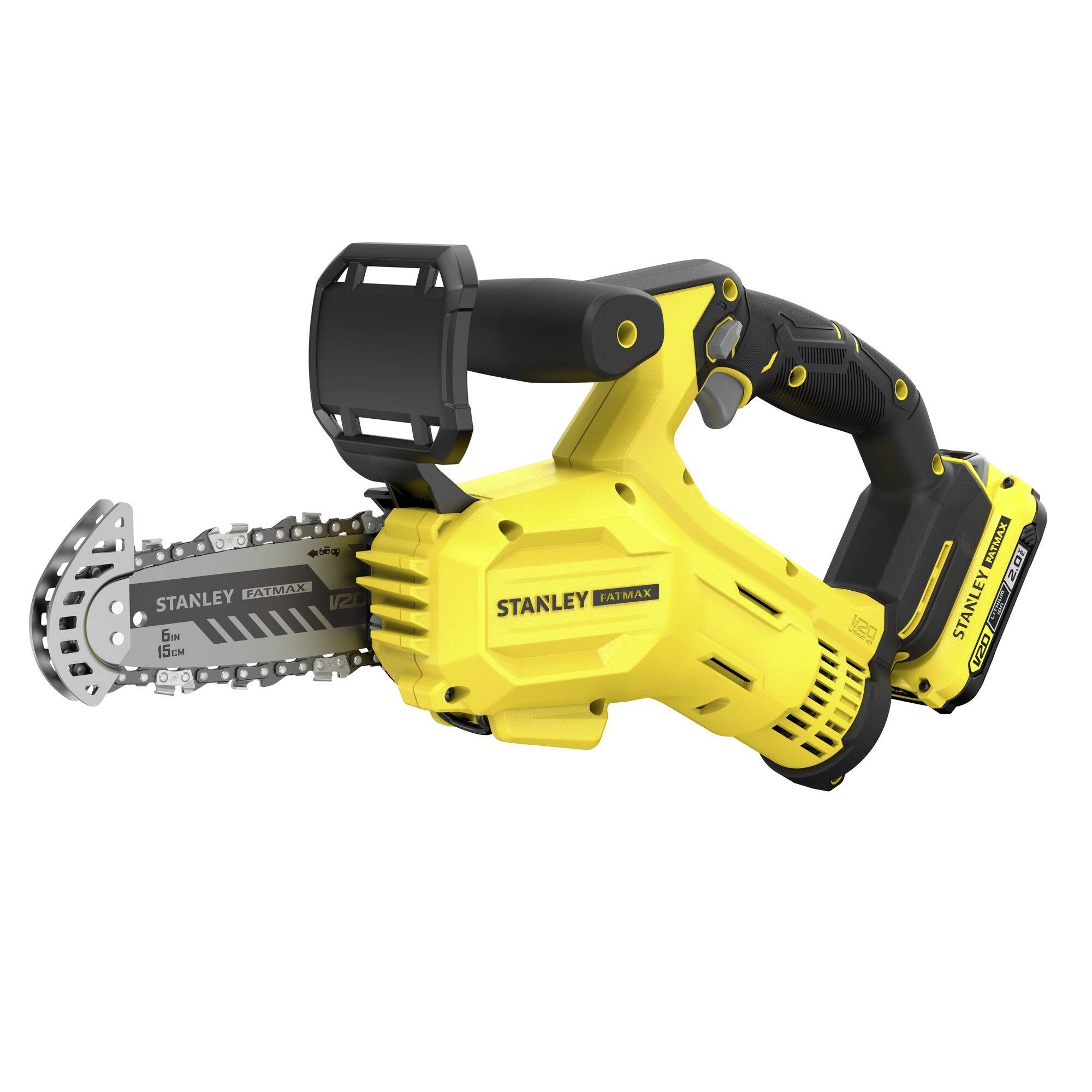 'Stanley FatMax V20' yellow mini chainsaw, black handle and battery, silver blade, battery-powered, designed for lightweight cutting tasks.