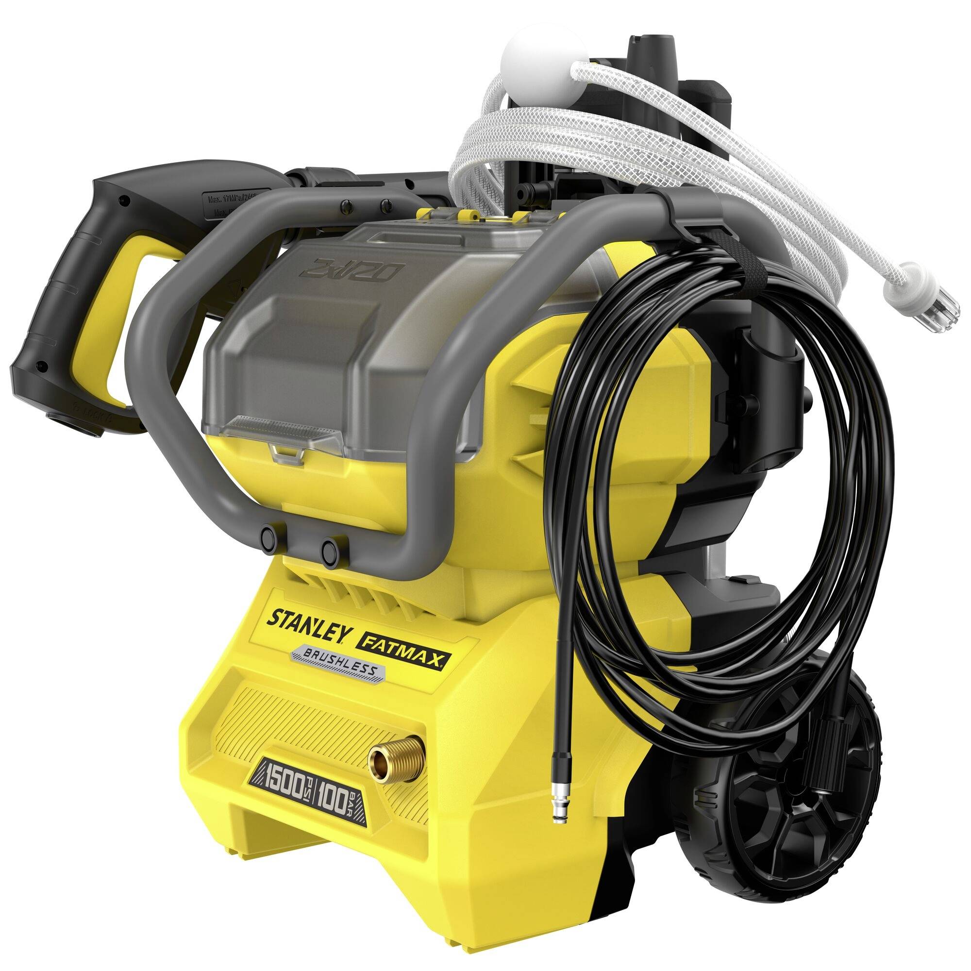 A yellow and black electric pressure washer with a handle and hose, branded 'Stanley Fatmax' and labeled '1500|100B', on wheels.