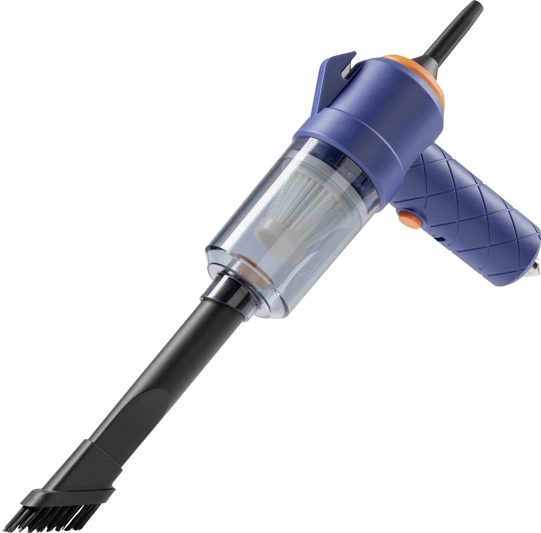 A handheld vacuum cleaner with a transparent dust compartment and a brush nozzle attachment, designed for light cleaning tasks.
