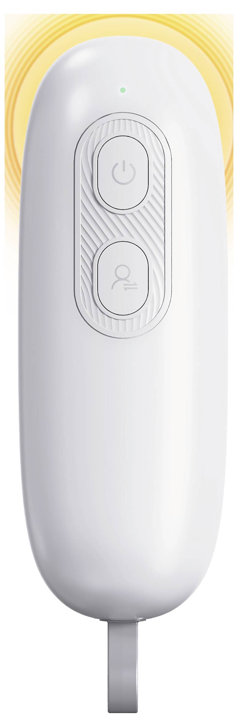 A white remote control with two buttons, one for power and another for function. A glowing light indicator is at the top.