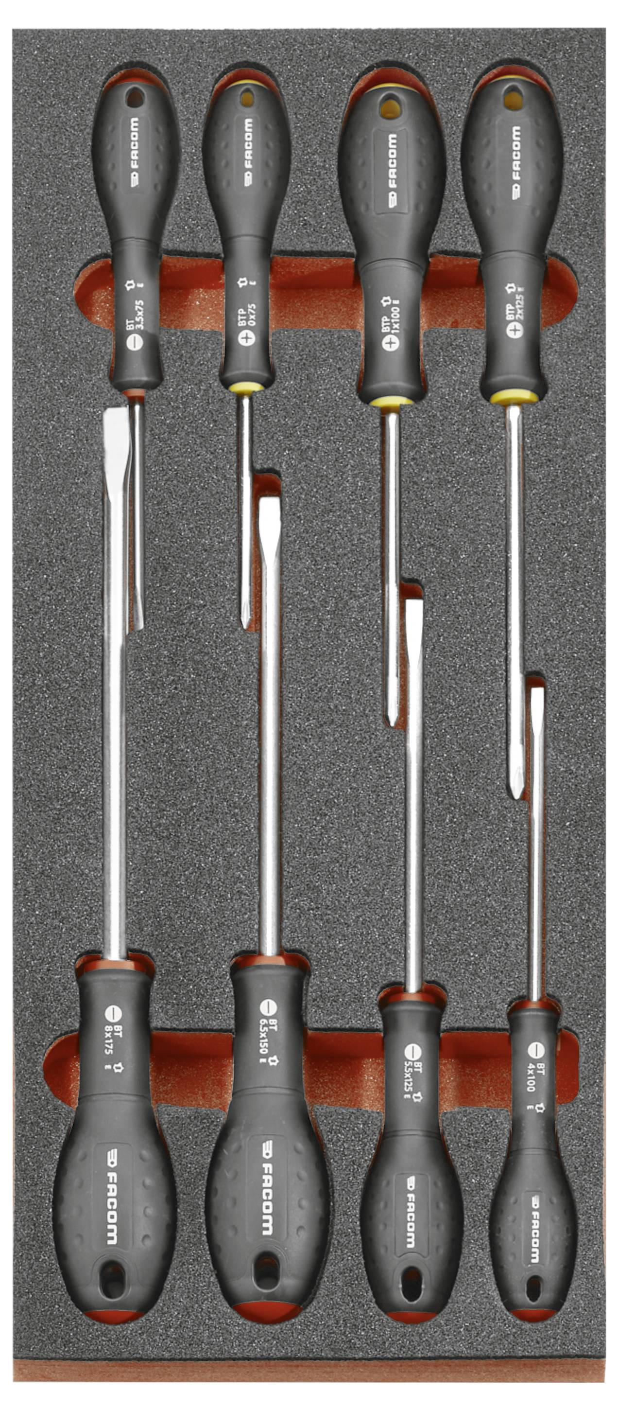 Foam tray with six Wera screwdrivers arranged in two columns, showing black handles and long metal shafts with a mix of flathead and Phillips tips.