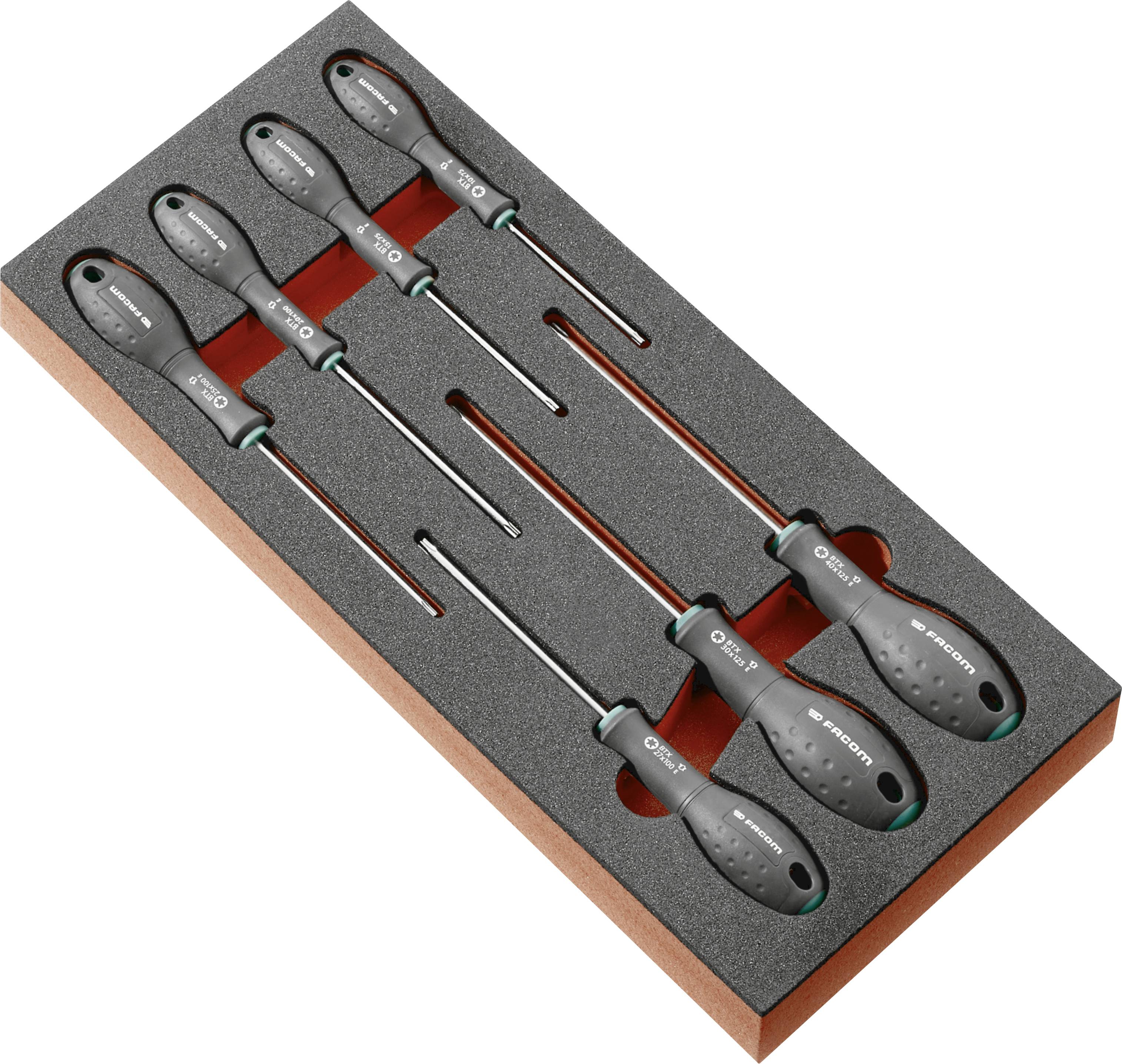 Foam tray holding five insulated screwdrivers of varying sizes, arranged diagonally in a tool set case.