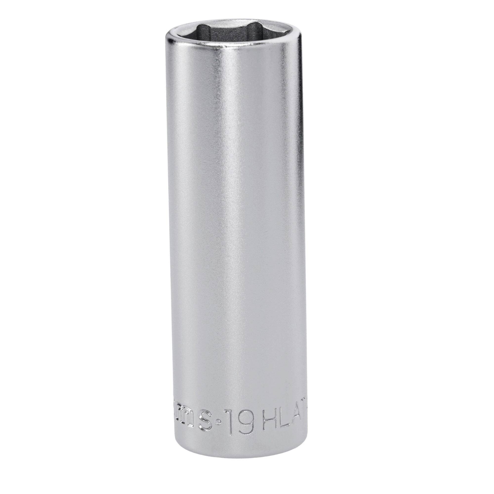 A shiny, metallic socket wrench head with '19 H' engraved at the base, used for tightening or loosening nuts and bolts.