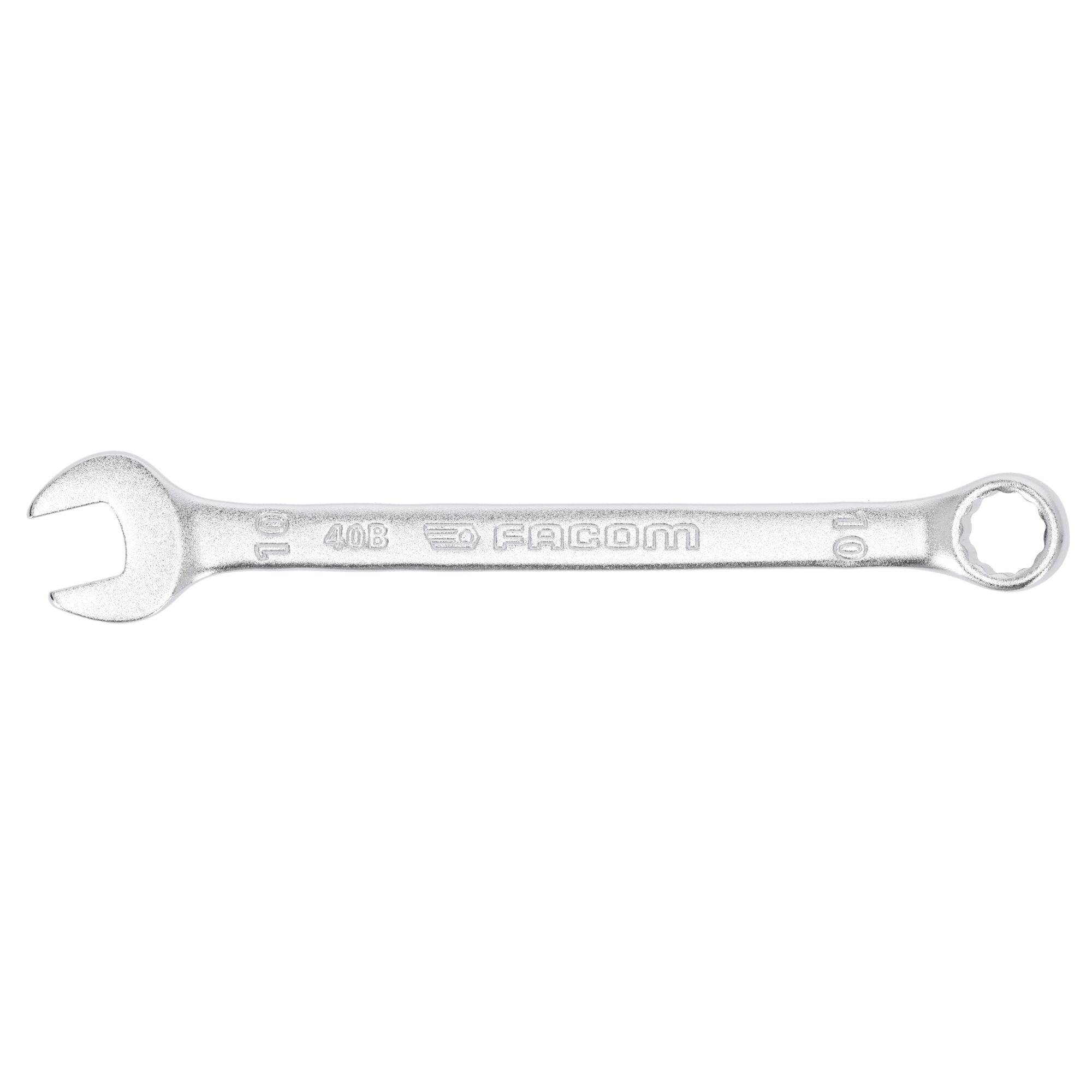 A silver open-end and box-end wrench with 'FACOM' engraved on the handle, indicating its manufacturer.