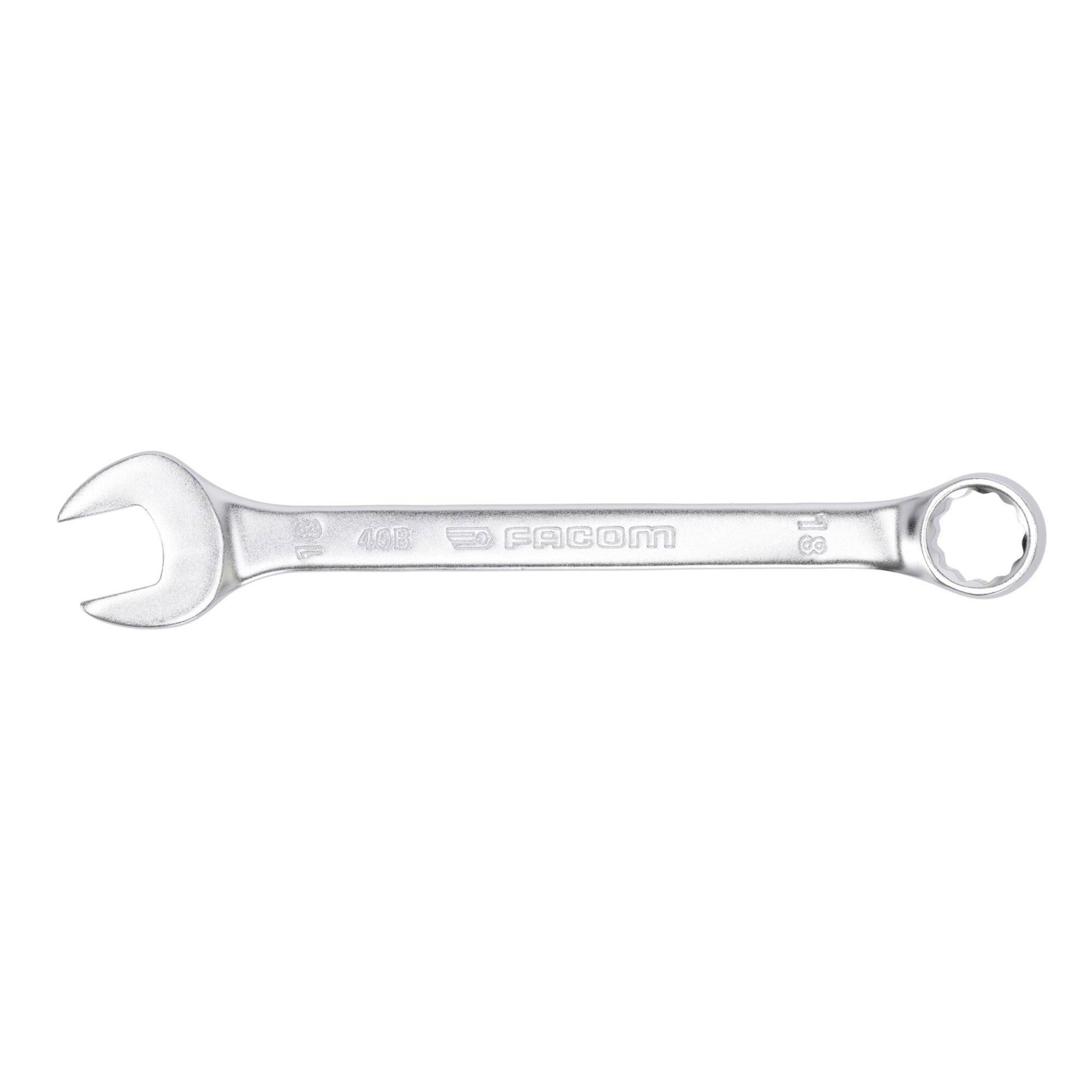 A silver wrench with an open-ended side and a ring side, engraved with 'FACOM' branding, used for tightening or loosening bolts.