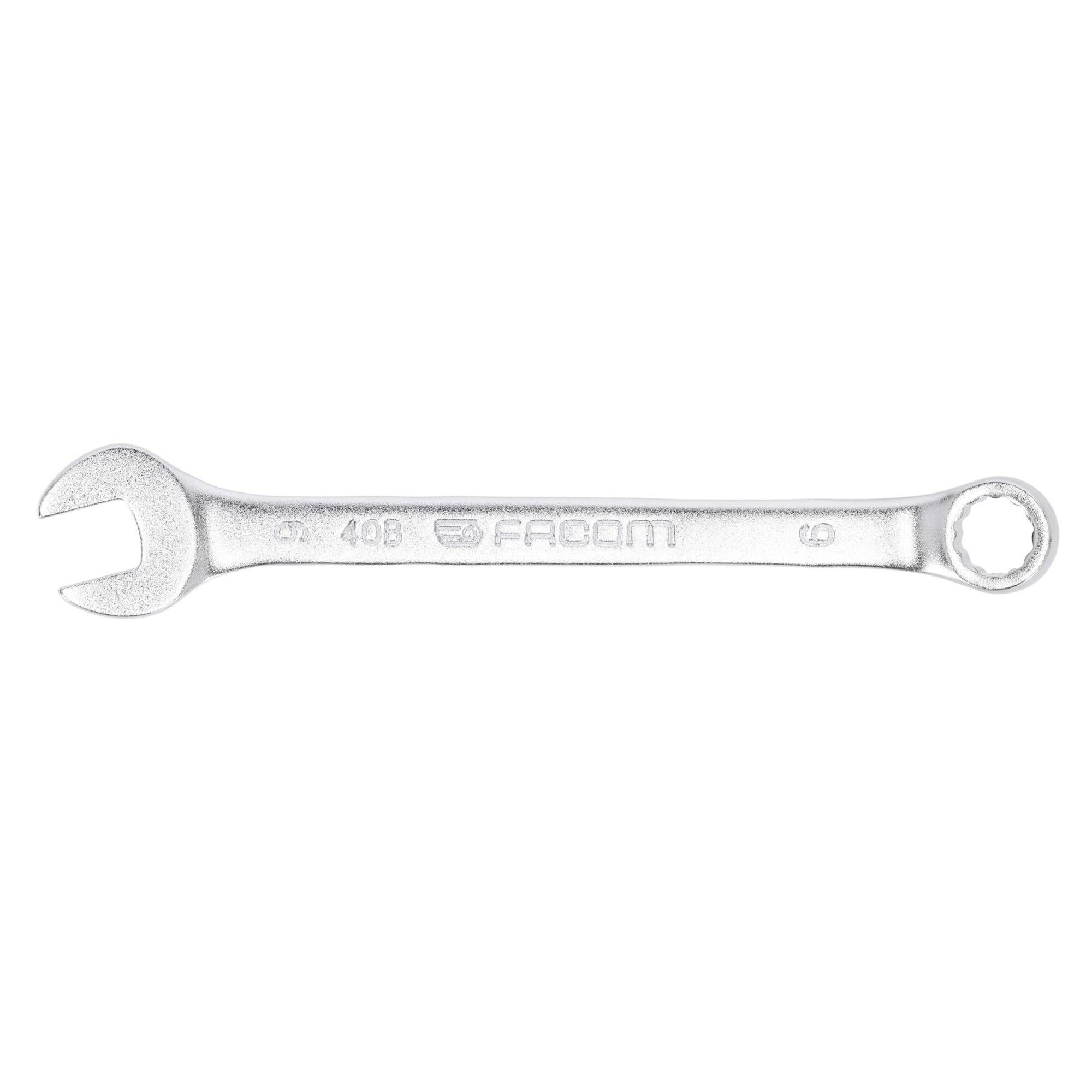 A silver open-end and ring spanner, labeled 'FACOM 44B', used for tightening or loosening nuts and bolts.