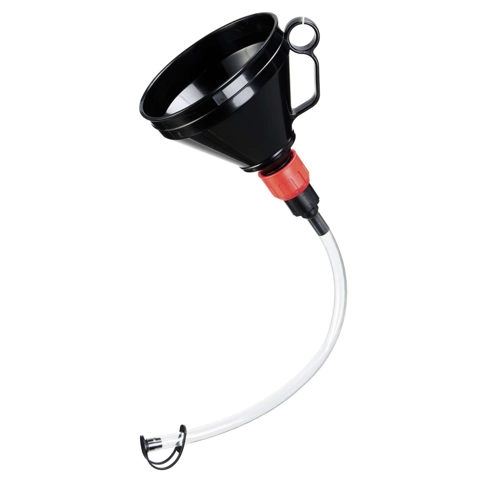 A black funnel with a handle and a flexible clear tube attached, used for directing liquids.