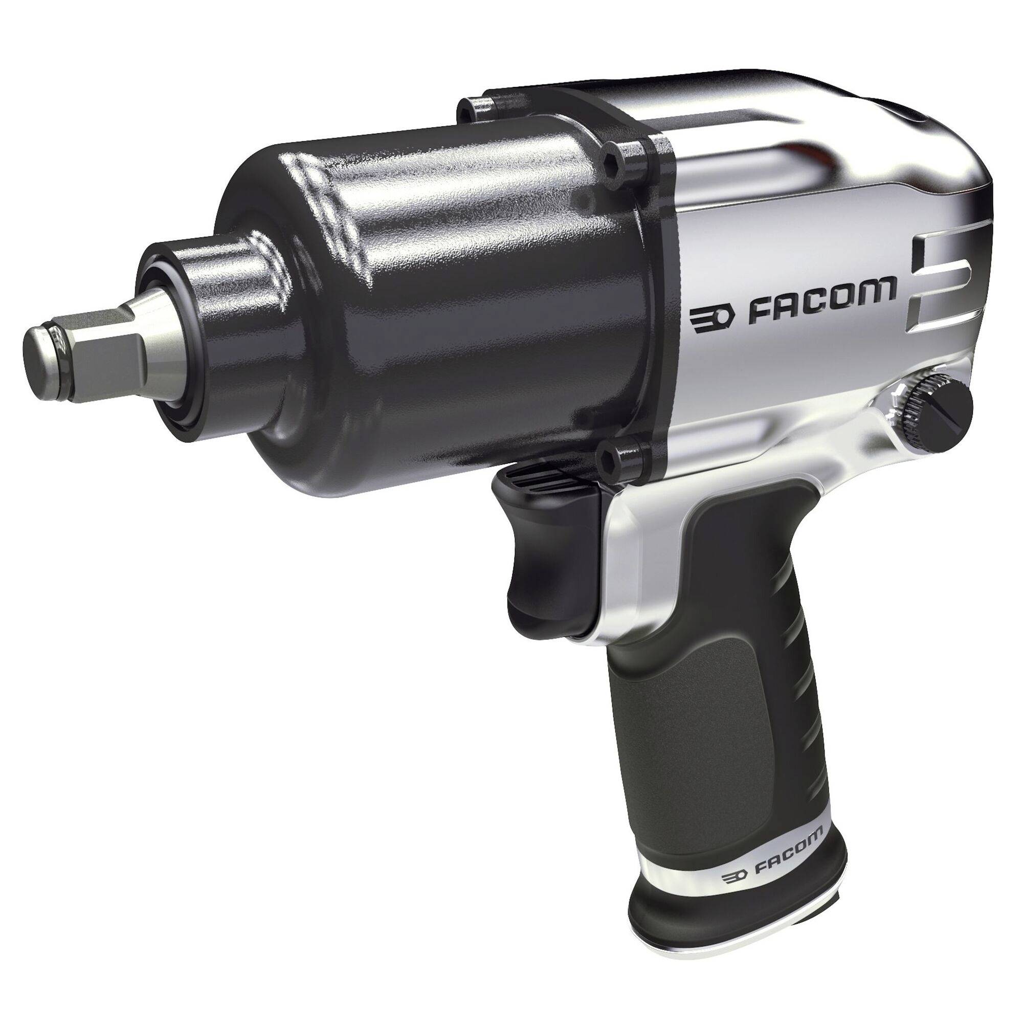 'FACOM' branded heavy-duty air impact wrench, with a metallic finish and ergonomic black grip handle, designed for mechanical work.