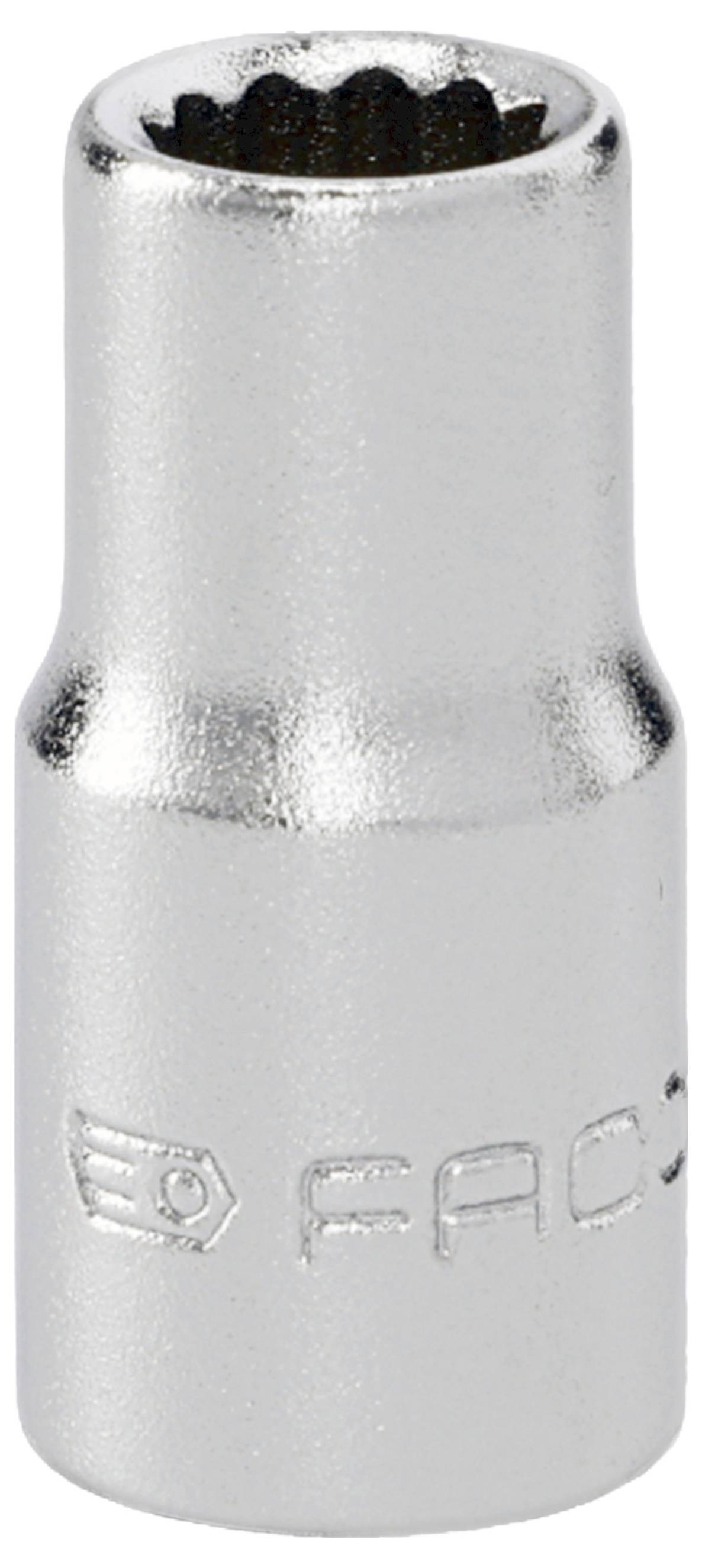Silver socket wrench bit with a black internal drive opening and embossed 'FAC' logo on the lower body.
