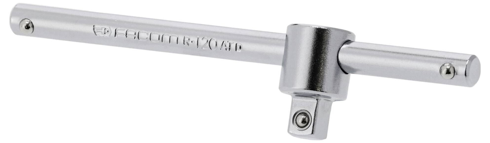 A shiny silver T-shaped socket wrench handle is shown. It features an engraved brand name on the horizontal bar.