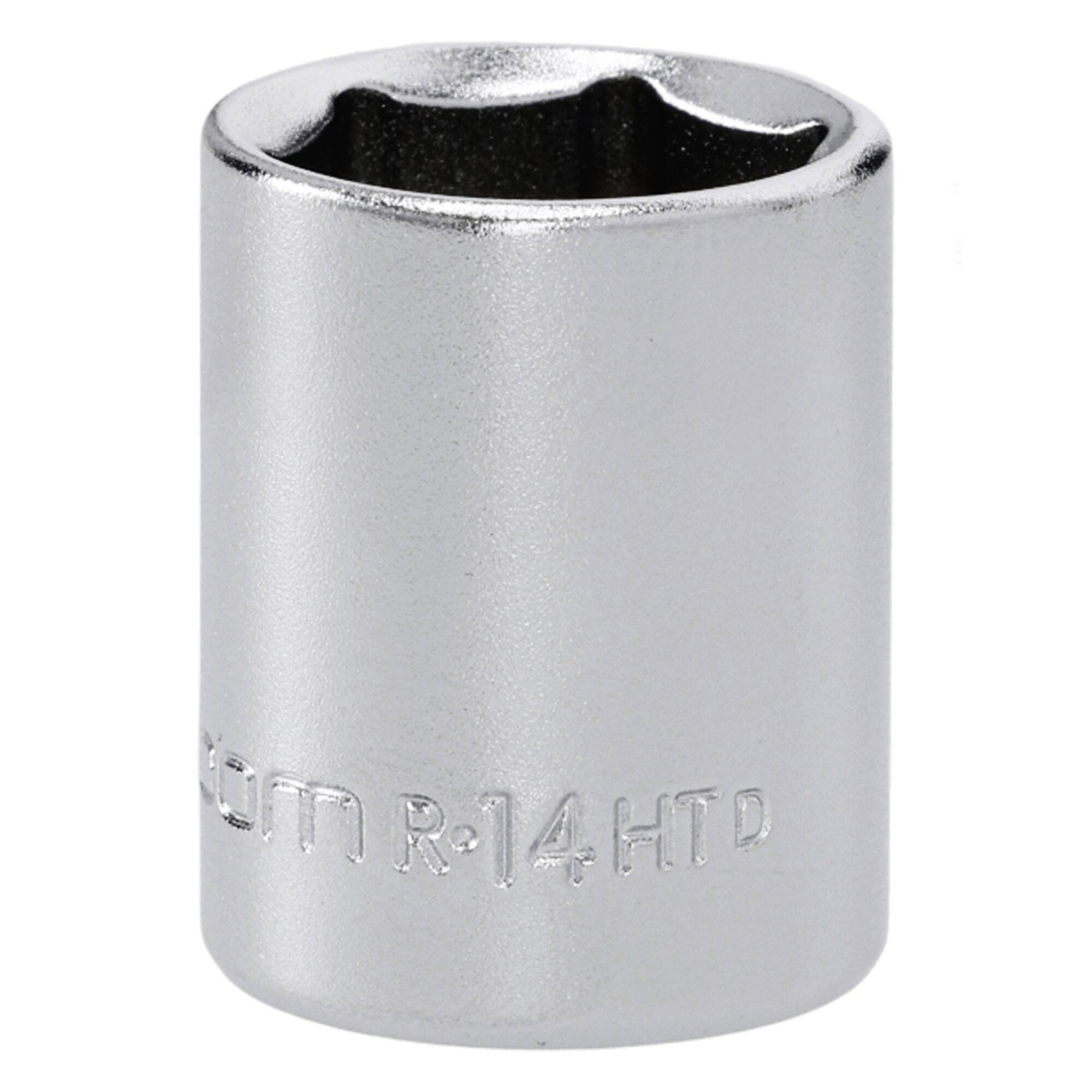 A metallic socket wrench attachment with a hexagonal opening, engraved with '14HTD', used for tightening or loosening fasteners.