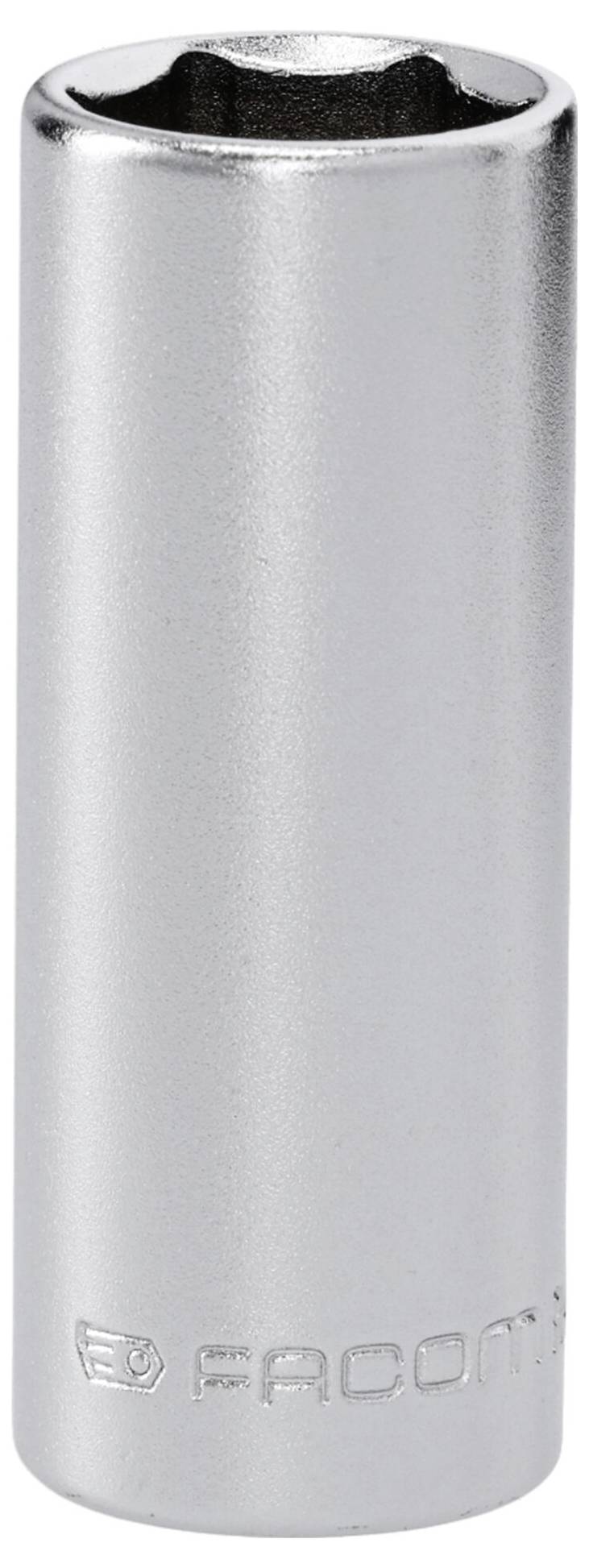 A chrome socket wrench head with engraved brand marking, used for tightening or loosening nuts and bolts.
