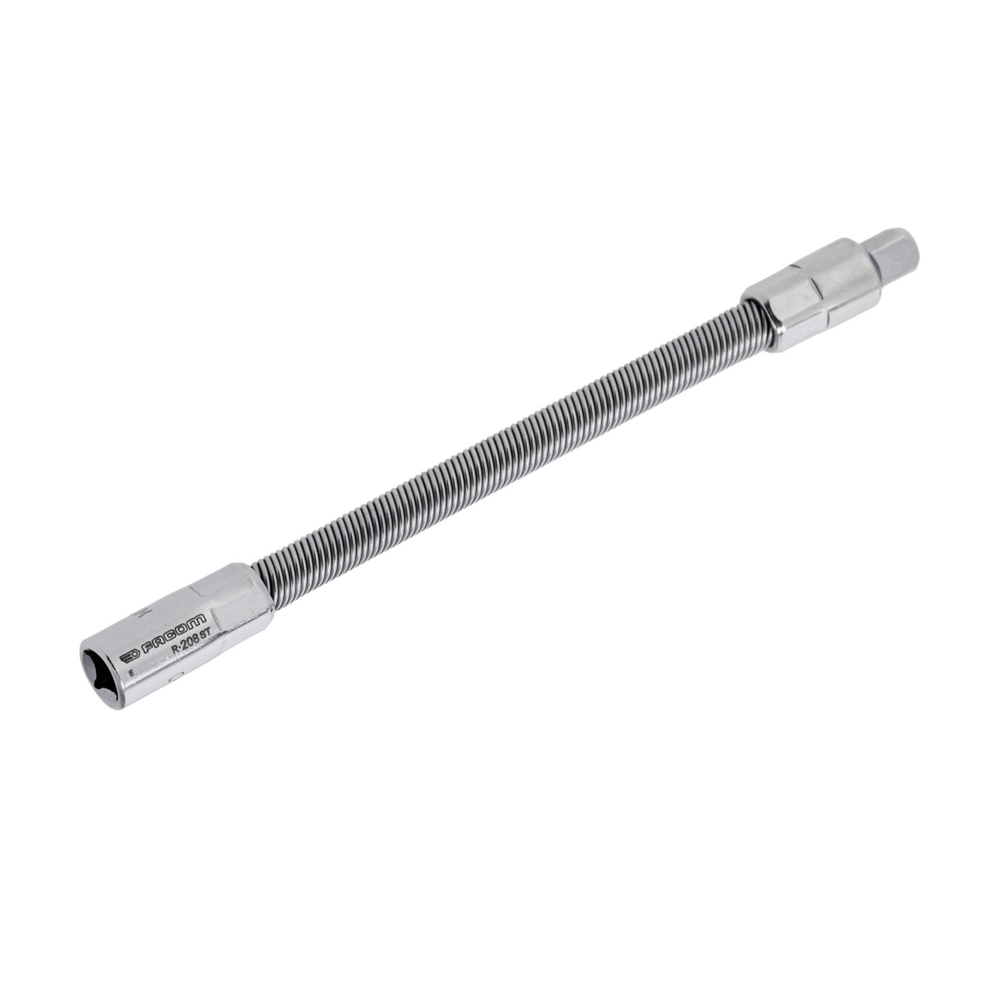 A flexible drive extension tool with a silver, coiled shaft and socket end, designed for use with wrenches to access tight spaces.