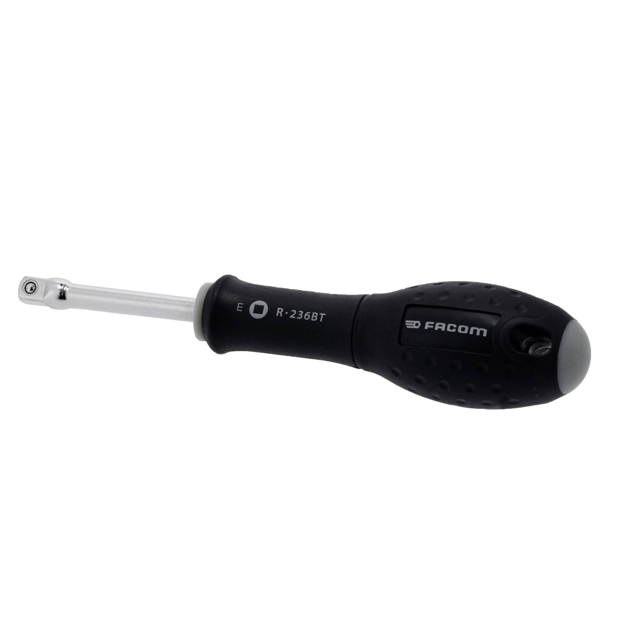 'FACOM R-236BT screwdriver' with an ergonomic black handle and a metal shaft, used for tightening or loosening screws.