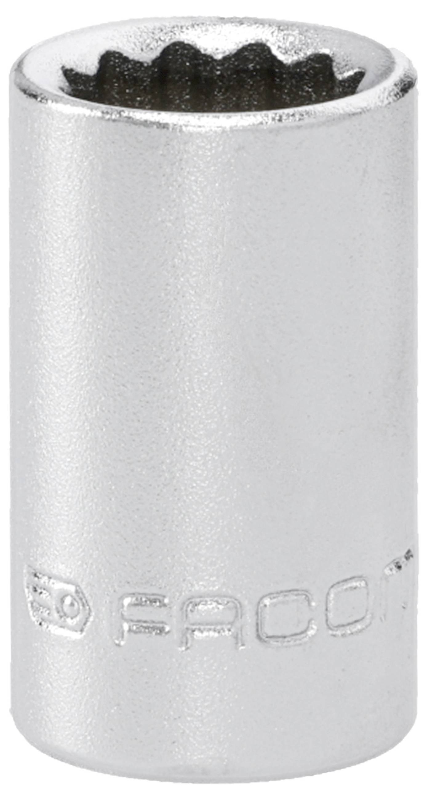 Close-up of a silver FACOM socket wrench socket with a shiny cylindrical body and star-shaped opening.