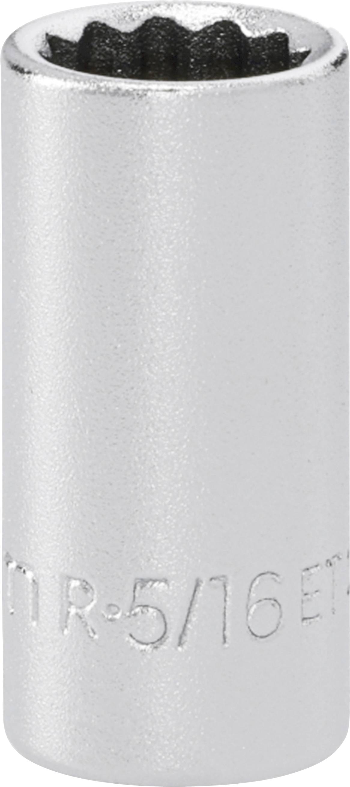 Close-up of a silver socket wrench socket with etched size marking '5/16'.