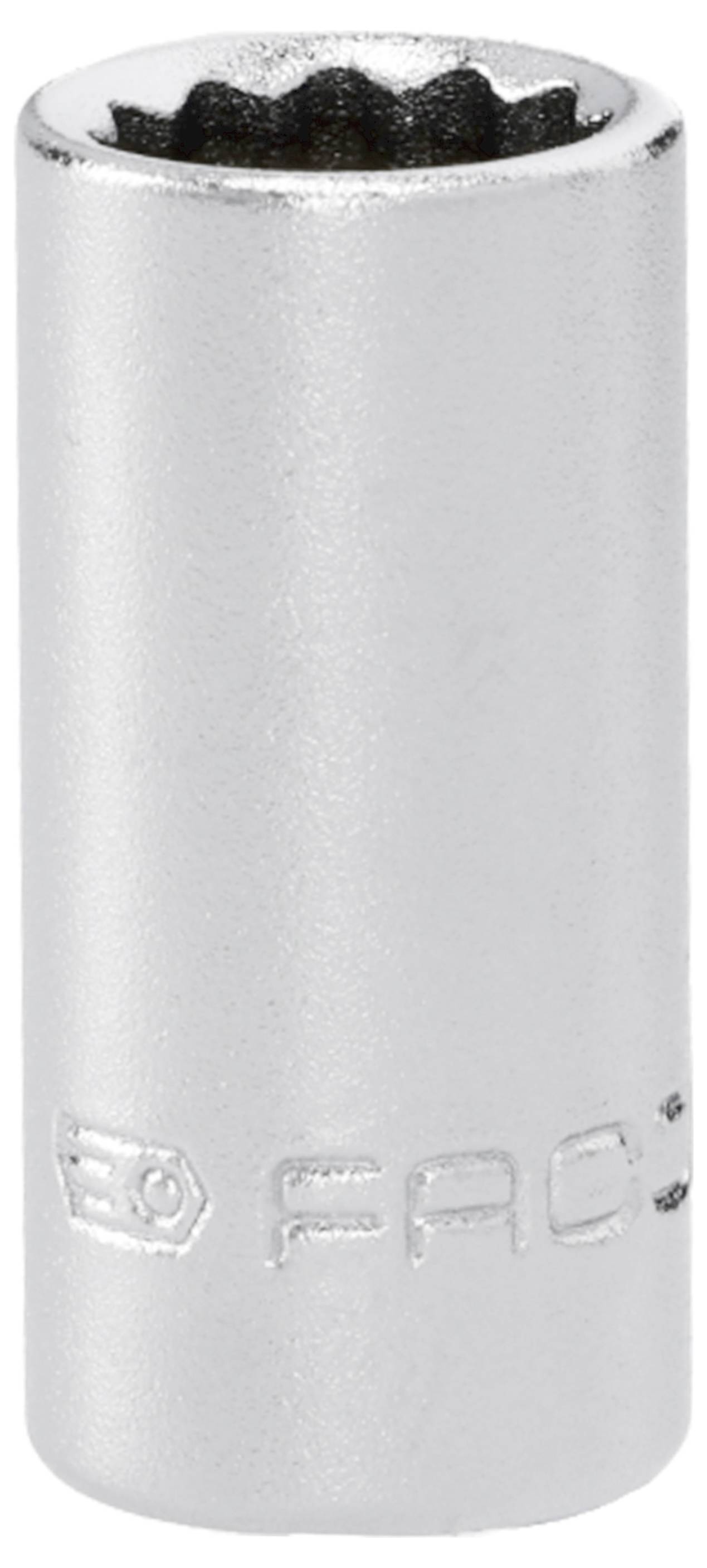 Close-up of a silver socket wrench head with a black star-shaped opening and 'FAC' engraved near the bottom.