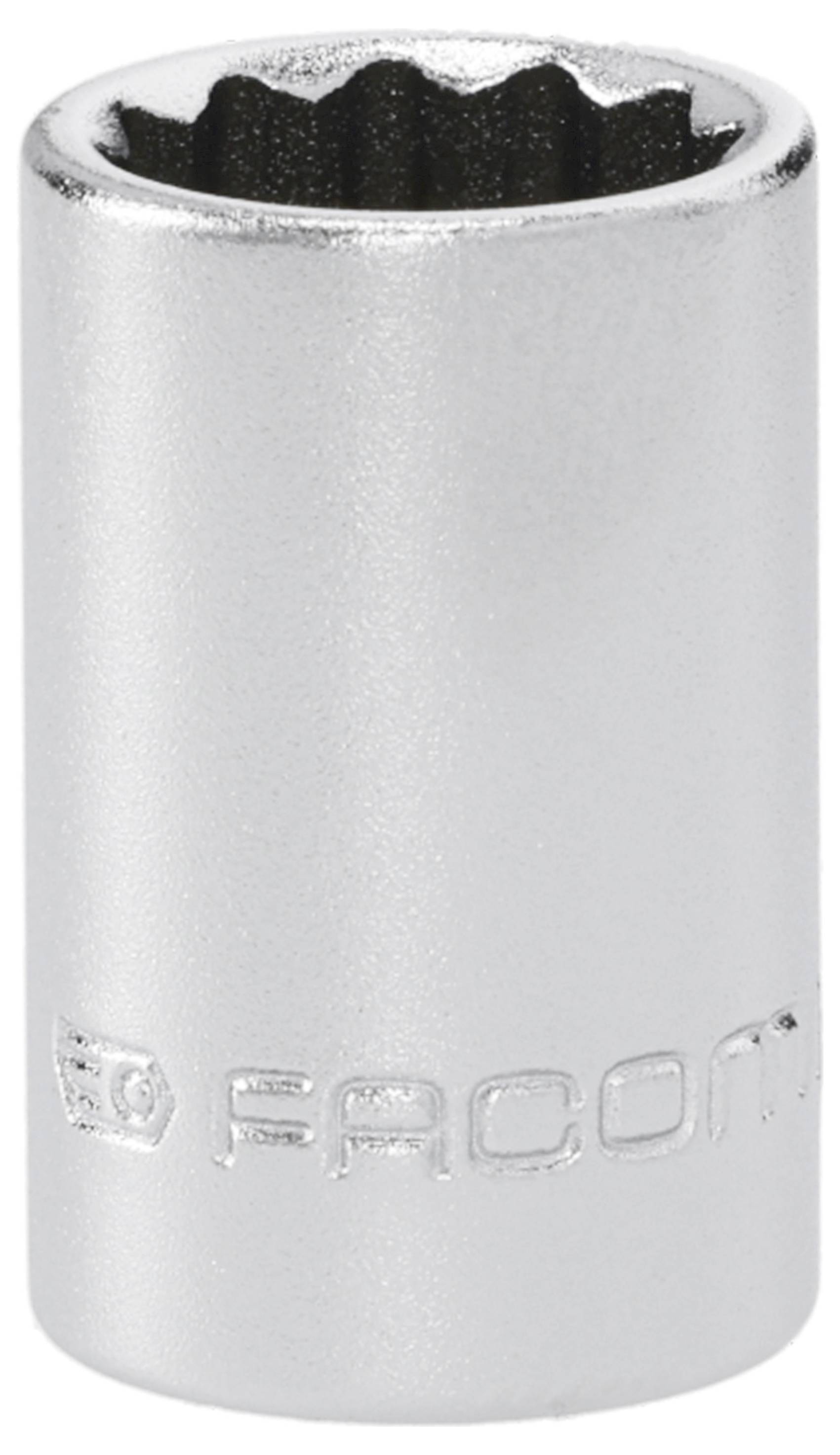 Silver 12-point socket wrench attachment with Facom logo, shown on a plain background.