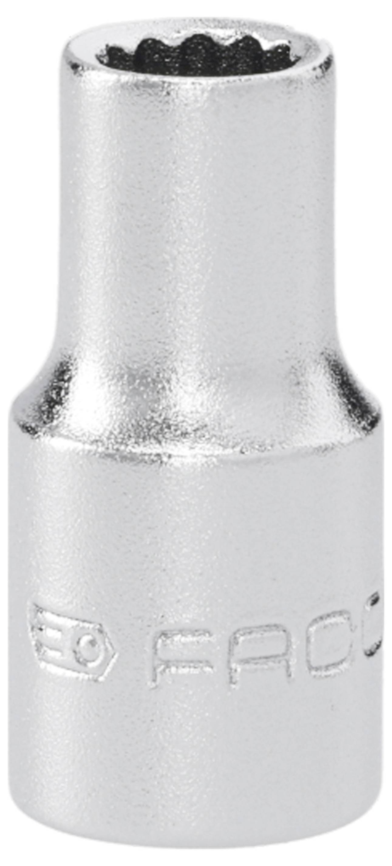 Silver socket wrench bit with a hex opening and engraved 'FACOM' logo on the side